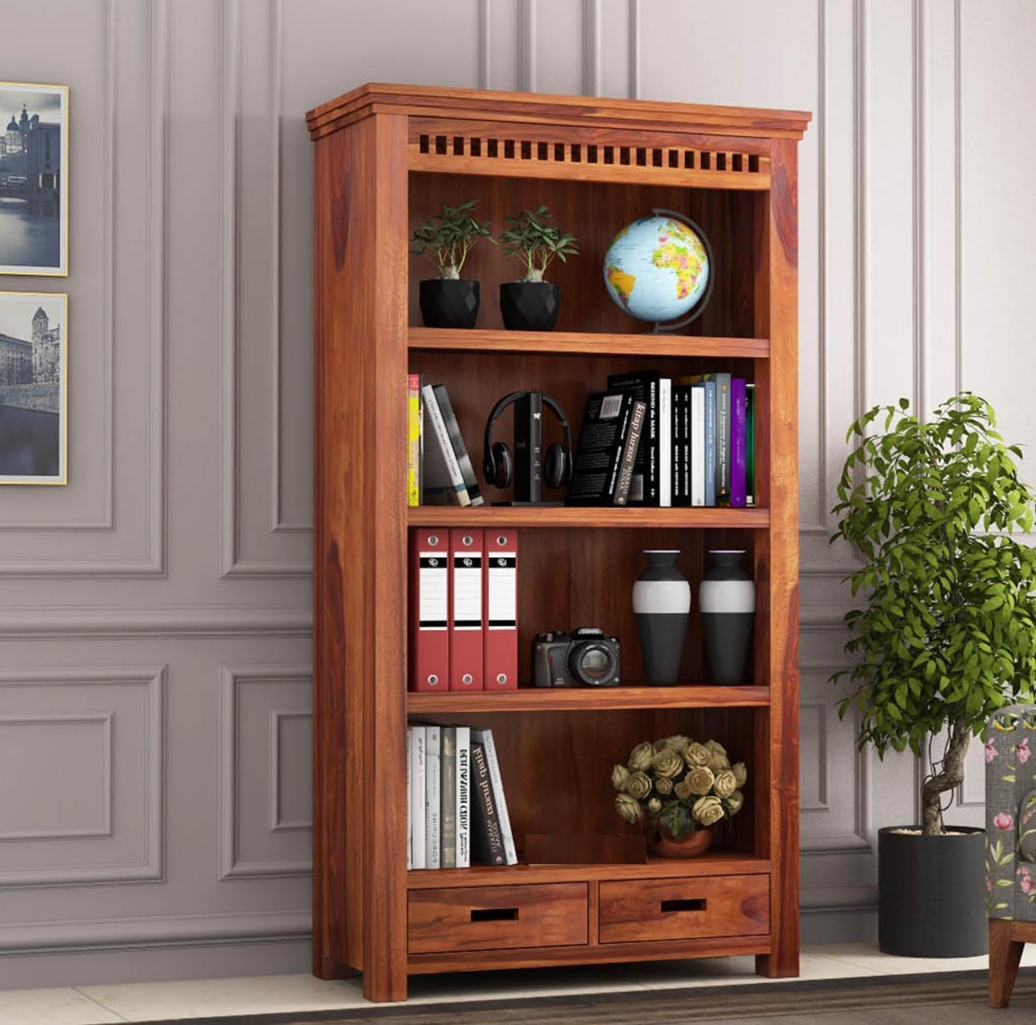ONIJA Solid Wood Bookshelf with Storage Drawers | Modern Wooden Bookcase with Open Shelves | Multipurpose Storage Rack for Living Room, Bedroom & Office (Honey Finish)-image-7