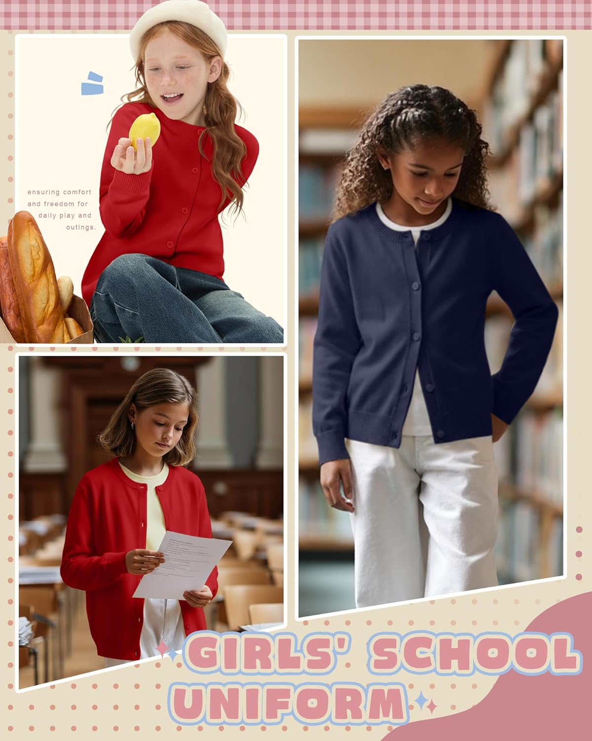 2 Pack Girls Cardigan Sweater Long Sleeve Knit Tops Button Kids School Uniforms Fall Winter for 4-12 Years