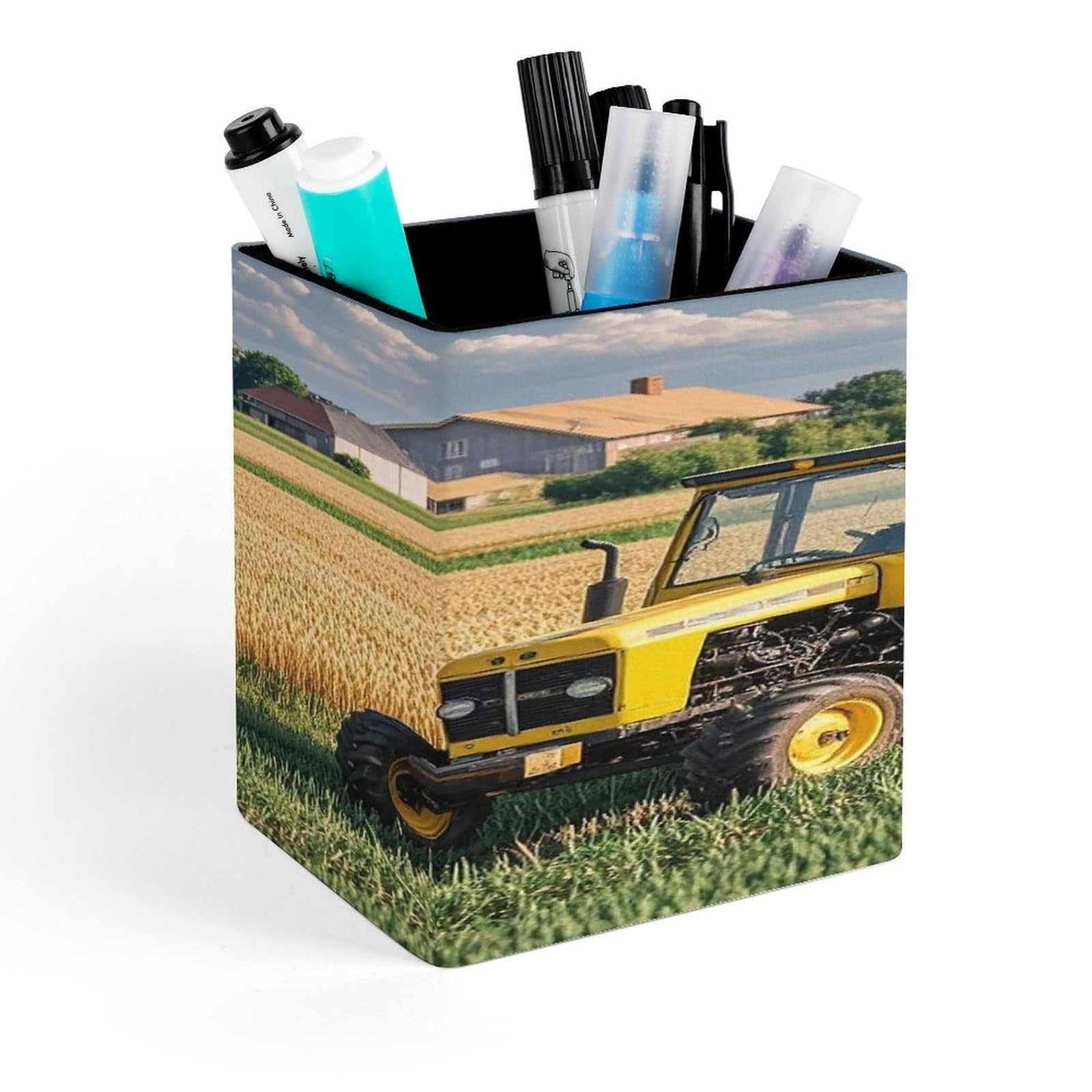 FekiLoot Tractor Farm Pencil Holder for Desk Square Leather Pen Holder Cup Desktop Organizer Multi-Functional Pencil Cup Holders Modern Decorative Desk Organizer Caddy Makeup Brush Holders