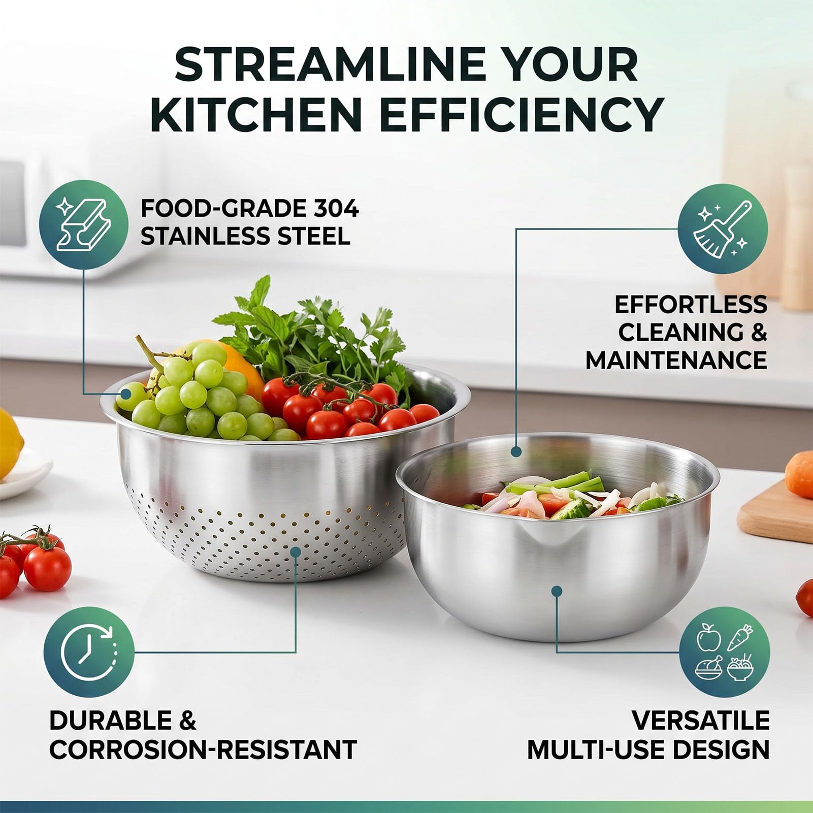 Fockety Juego de Cuencos Coladores de Acero Inoxidable, Cesta Multiusos para Lavar Frutas y Verduras con Gran Capacidad y Acabados Suaves, Colador de Metal para Escurrir Servir en la