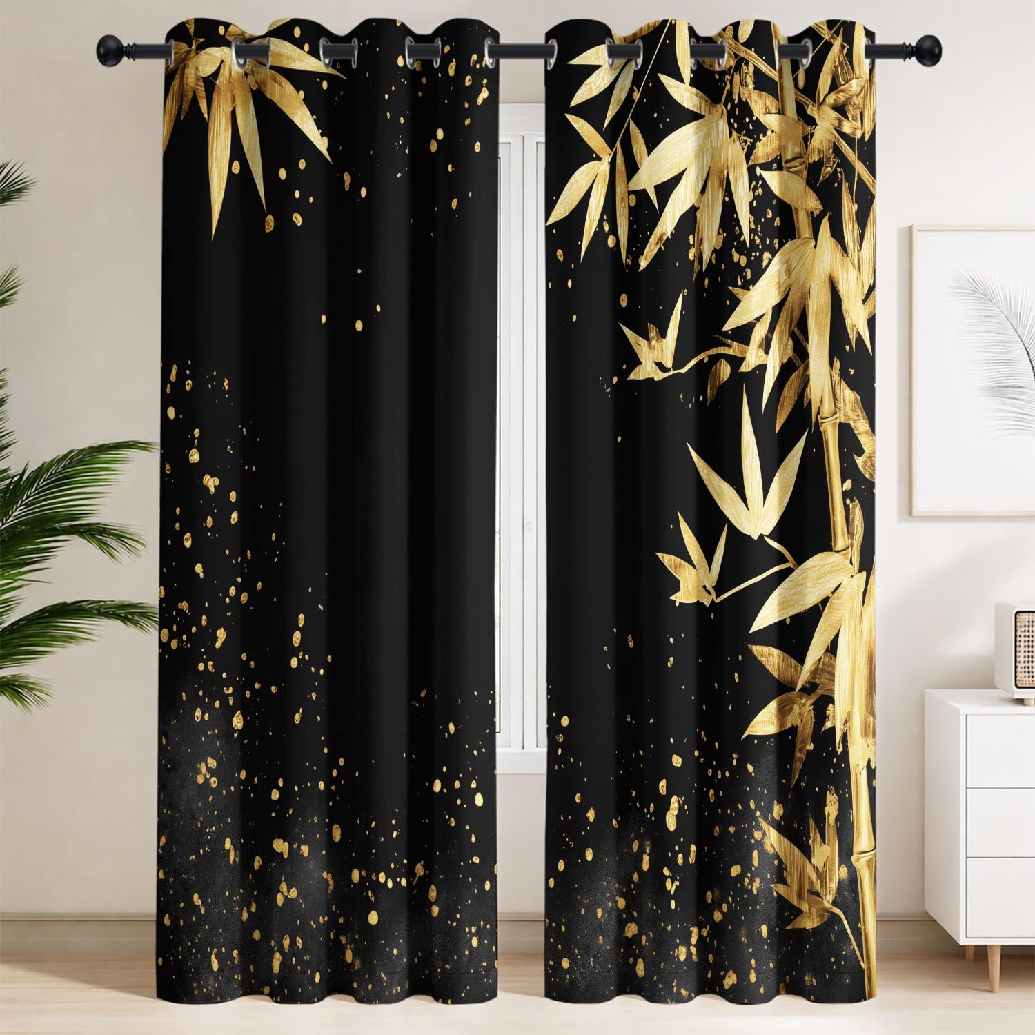 Générique Feuilles Bambou Dorées Éclaboussures Encre Rideau à œillets Luxe Abstrait Thermique, Séparateur de pièce, Occultant, Rideau de fenêtre Chambre Salon L 140 x H 180 cm 2 Panneaux Simples