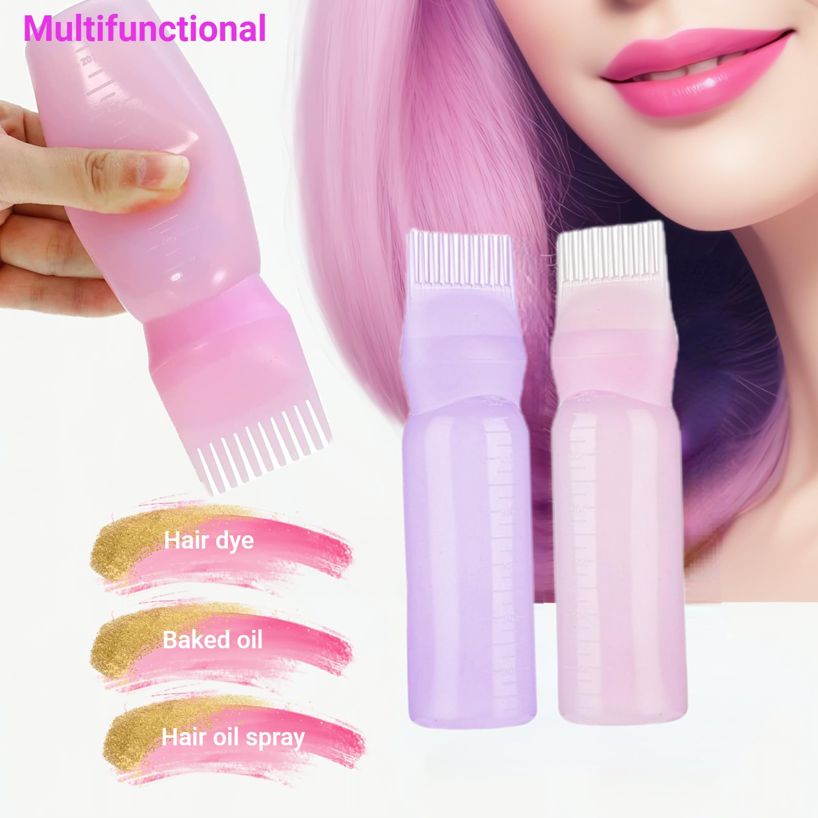 Zilynhom Hair Oil Applicator Bottle with Comb, Root Hair Liquid Dispenser (2 pink+1 purple bottle) 1