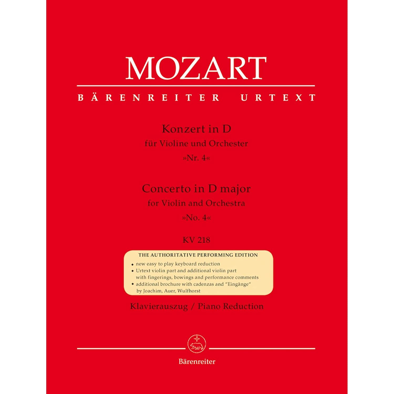 Mozart, W.A. - Concerto No. 4 in D Major, K. 218 - Violin and Piano - by Christoph-Hellmut Mahling      Paperback