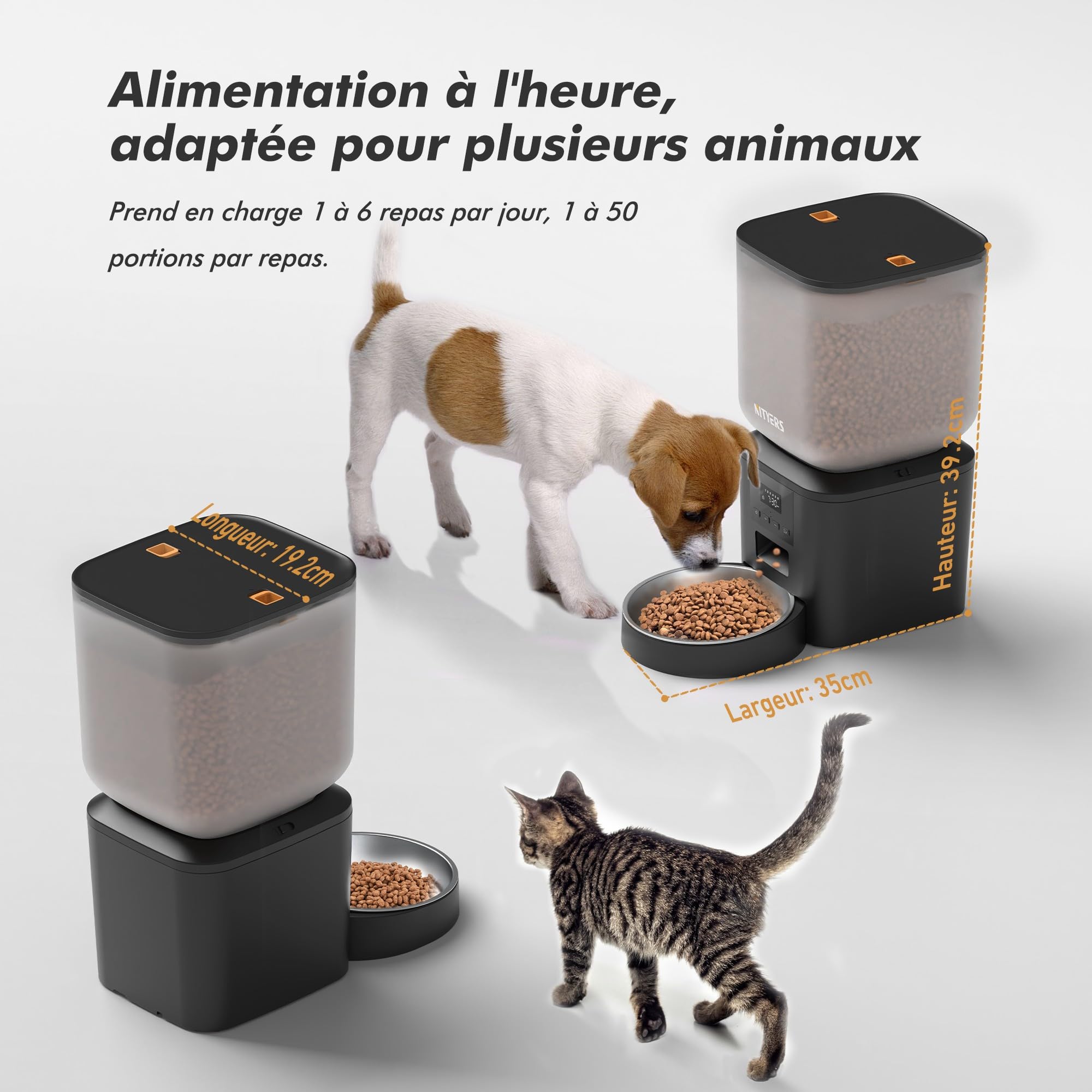 Distributeur Croquettes Chat et Chien Automatique, 8L Grande Capacité, 1-6 Repas par Jour, avec Cuve en Acier Inoxydable, Enregistreur Vocal 10s
