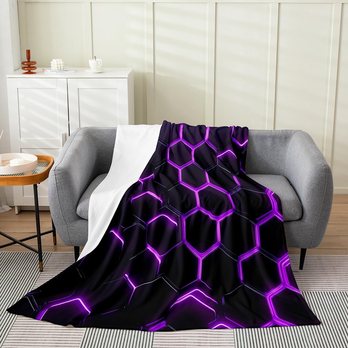 Feelyou Honeycomb Flannel Fleece Throw Blanket,All Season Hexagonal Purple Black Bed Blanket Geometrical Fuzzy Blanket for Bed Sofa Couch,Bedroom Decor Beehive Geometric Plush Blanket Throw 50"x60"