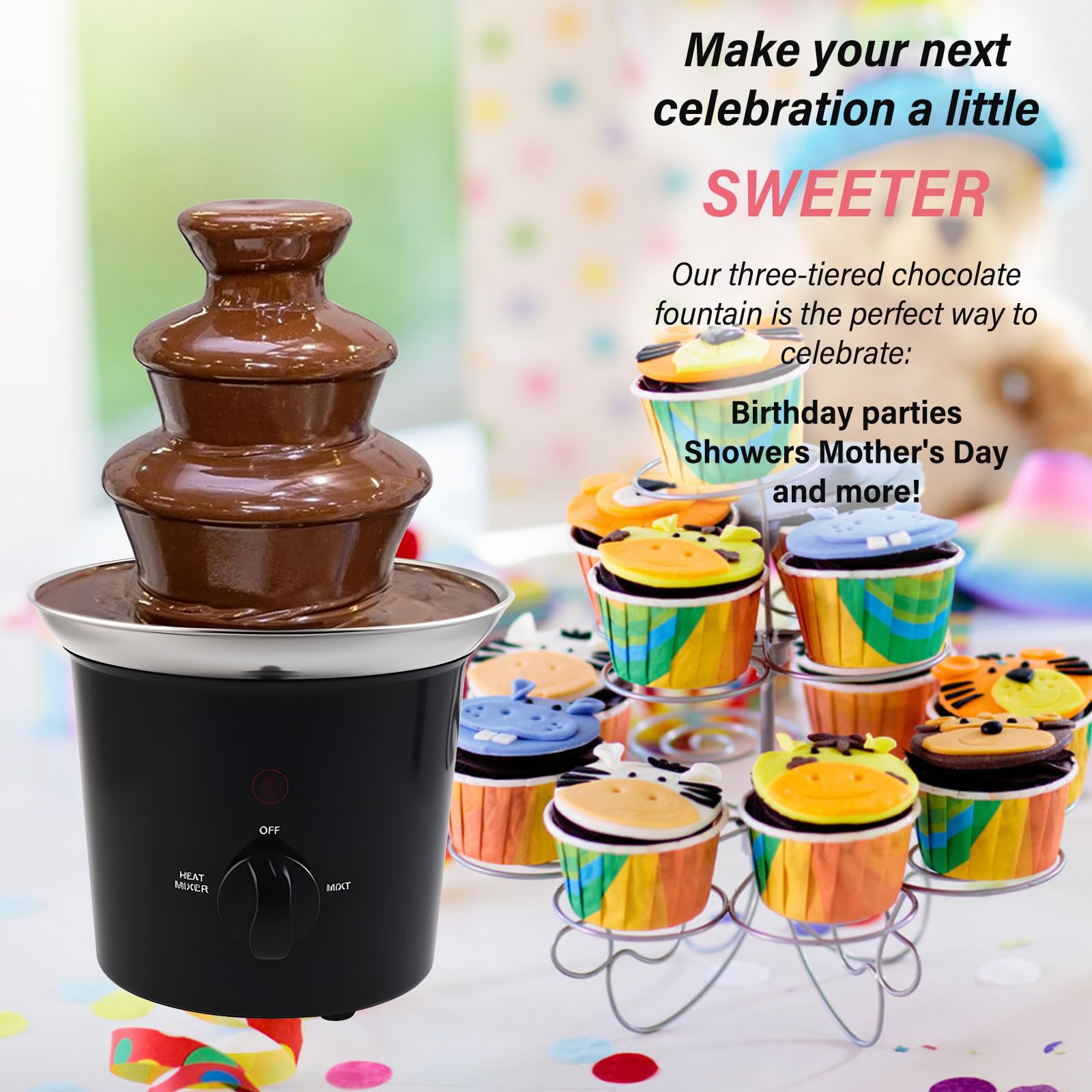 Fontana di cioccolato, 3 piani, 60 W, set di fonduta elettrica al cioccolato, in acciaio inox, set di fontane a 3 livelli, per compleanni, feste e famiglie