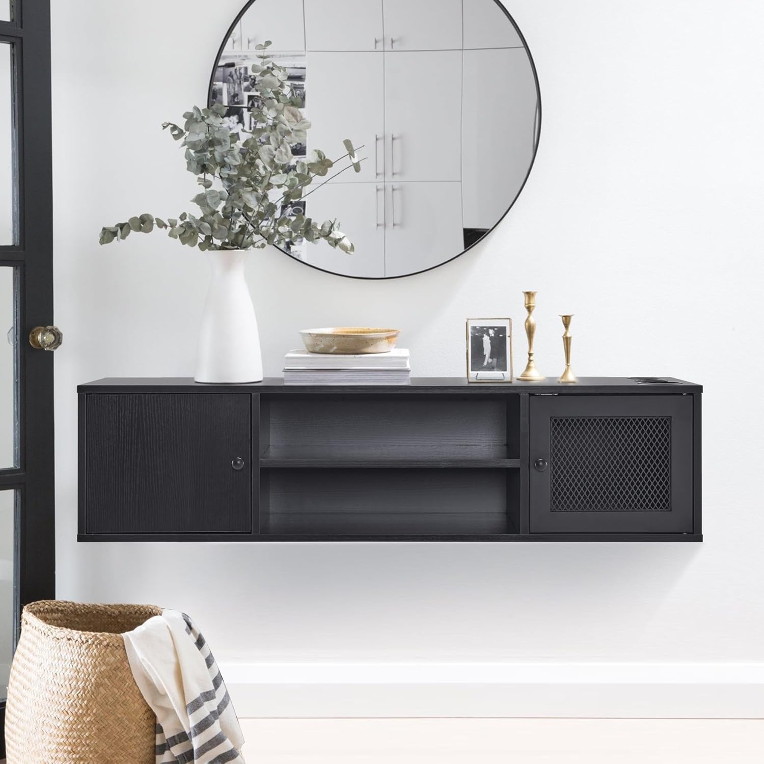 BarberPub Wall Mount Barber Station for Storage, Salon Cabinet for Hair Stylist with Hair Dryer Holders & Open Shelves 2501 (Black)