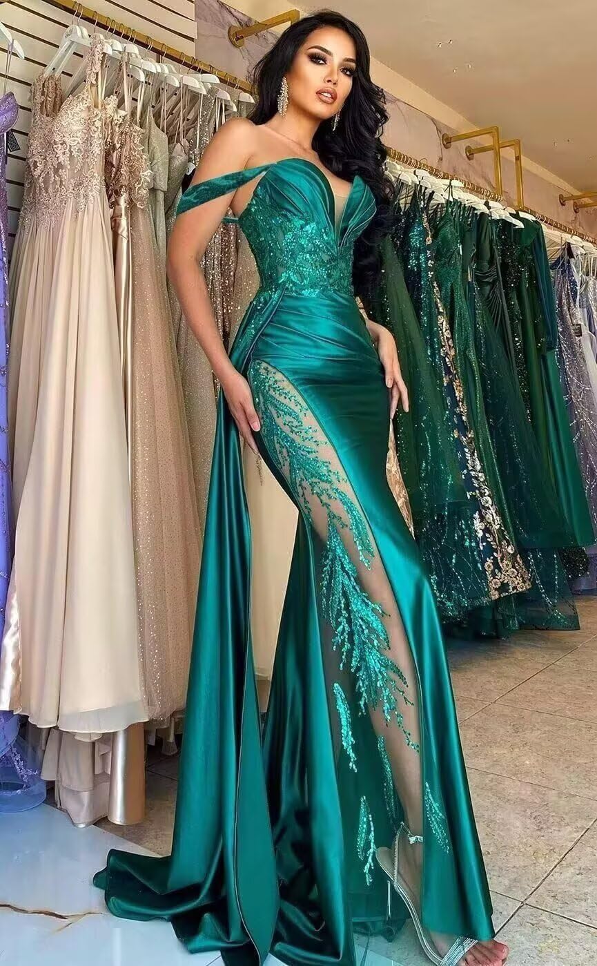 Dexinyuan Satin Prom Dress for Women 2026 Slit Off-Shoulder Formal Evening Dress