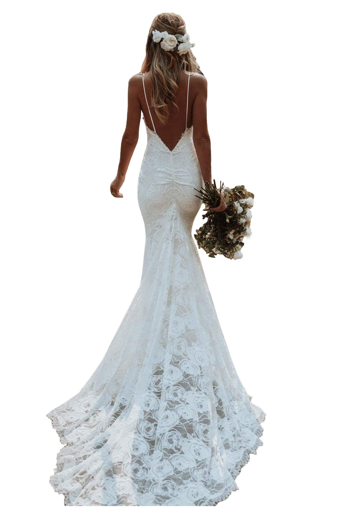 YIANN Vestido de novia con tirantes delgados y cuello en V para novia, vestido de novia de encaje bohemio con cola