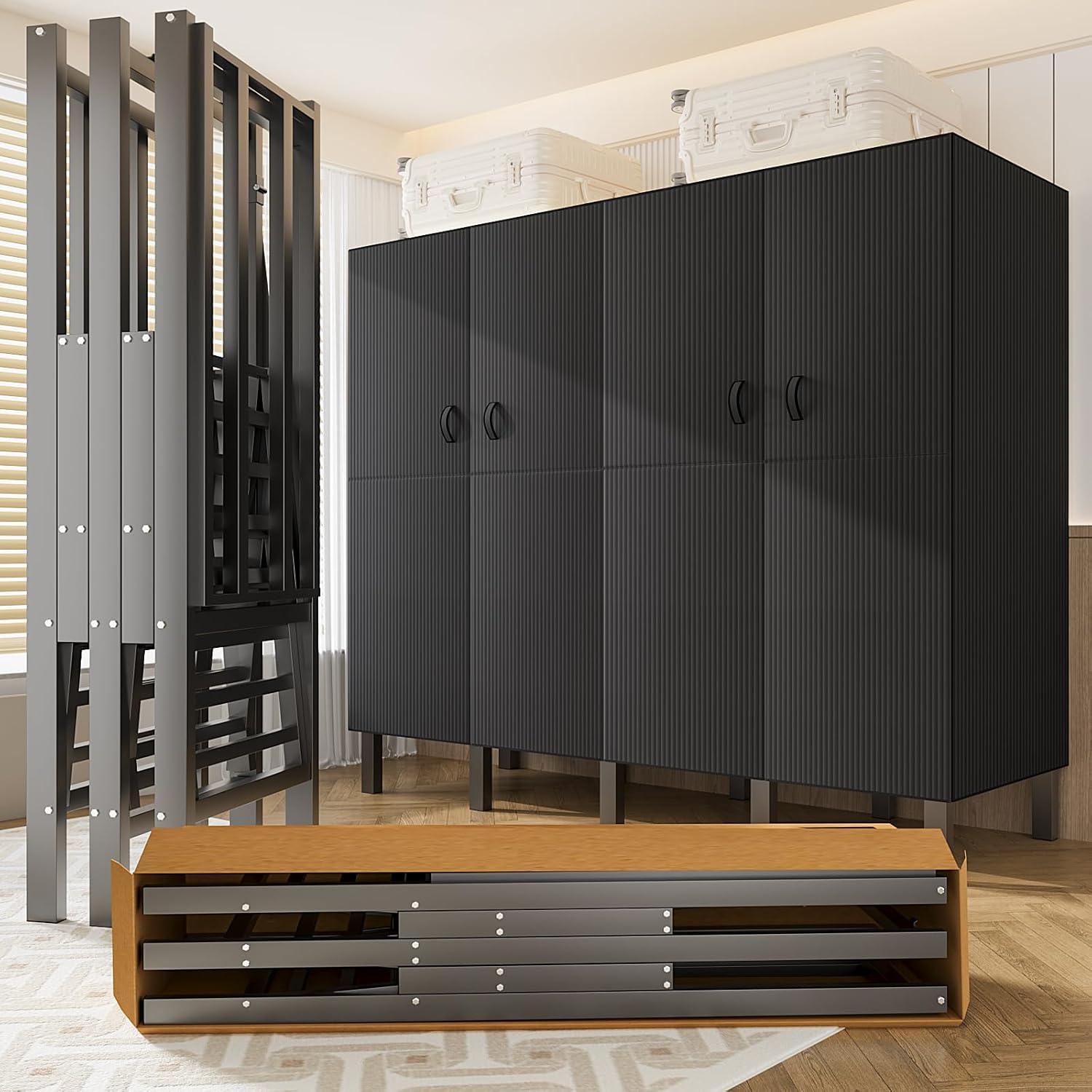 80in Foldable Portable Closet Wardrobe on Wheel Heavy Duty Metal Clothing Rack with Cover Freestanding Armoire Storage System Rolling Garment Racks for Hanging Clothes(B, Black Door, 203cm/80in)