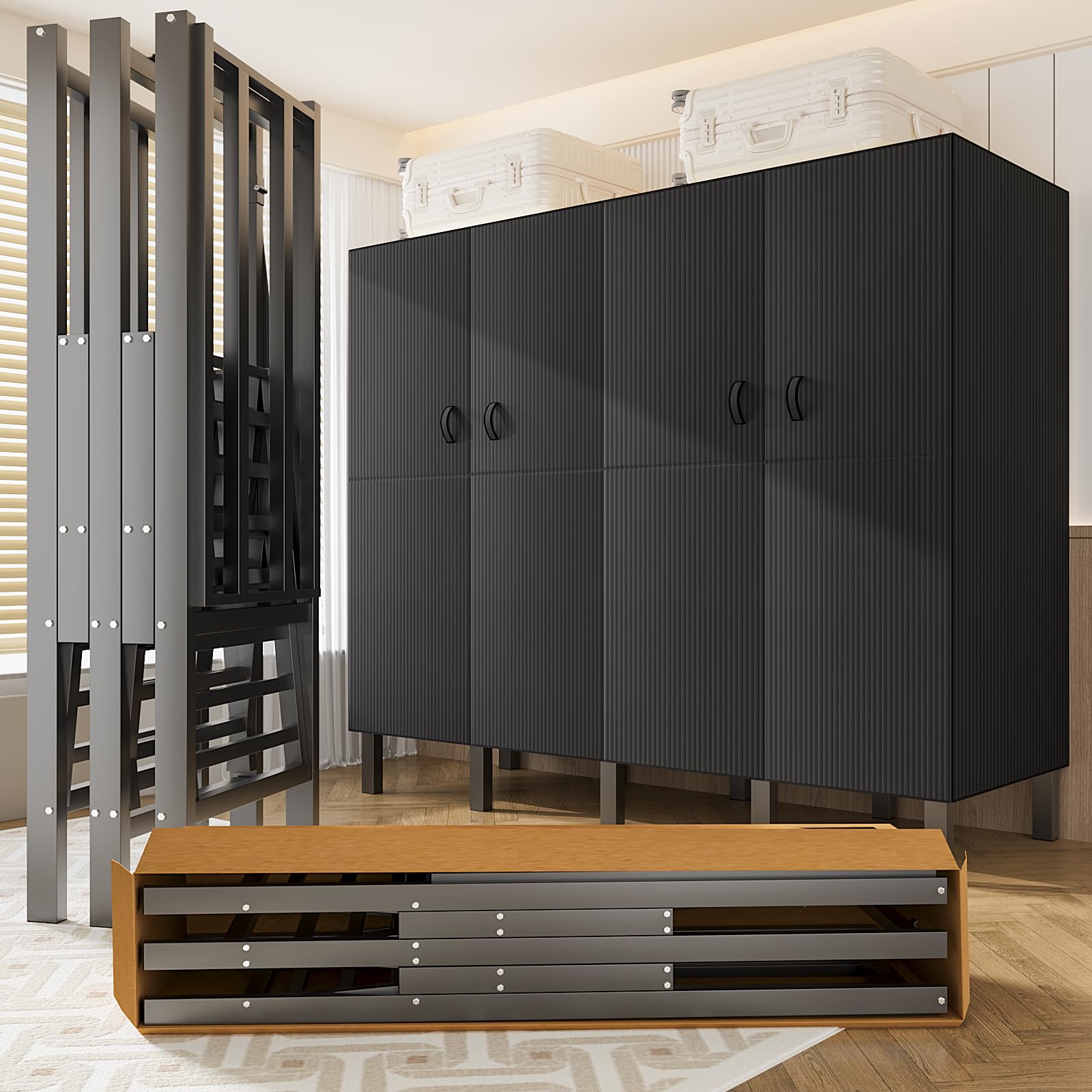 Faltbarer Kleiderschrank, 500 Kg, 242cm Großer Kapazität Stoffkleiderschrank mit 2 Hängenden Schienen, Tragbarer Stoffschrank Kleiderschrank mit Abdeckung für Schlafzimmer (B black door, 190cm)