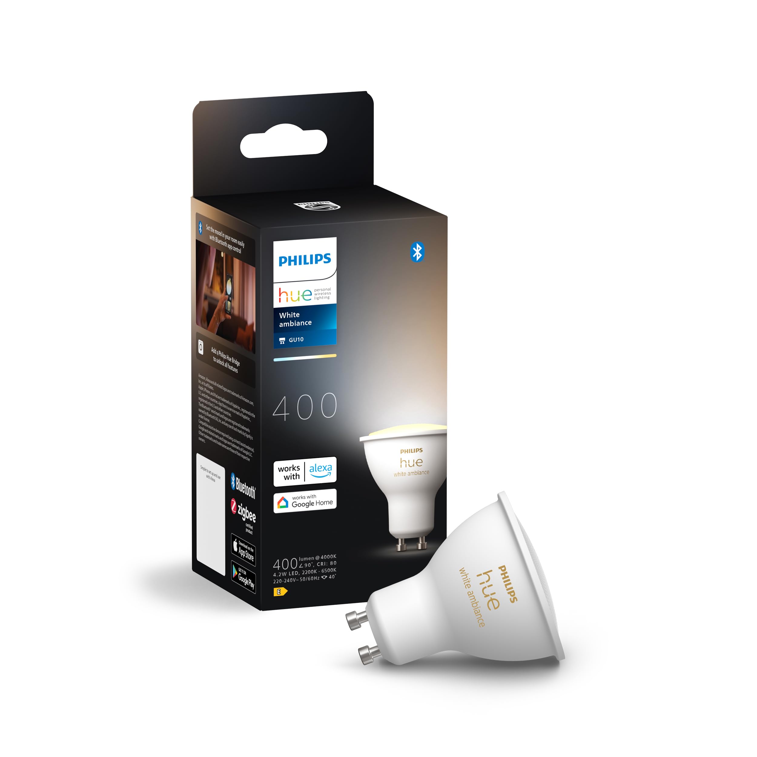 Philips Hue Vorteilspaket - GU10 - mit 4 Spots - Warm bis Kaltweißes Licht - inkl. 1 Hue Wandschalter - Hue White Ambiance