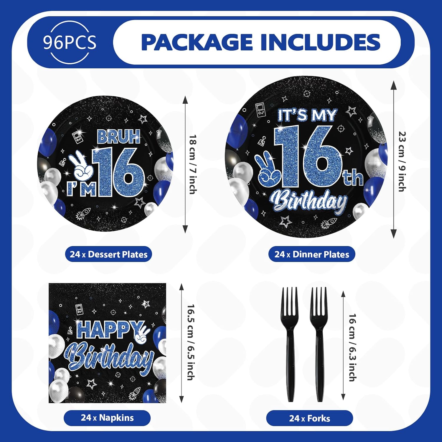 96 Pcs 16th Birthday Decorations for Boys Blue and Black Plates and Napkins Disposable Glitter It's My 16th Birthday Party Supplies for Boys Kids Teenager 16 Years Old Party Decor,Serves 24 - Image 2