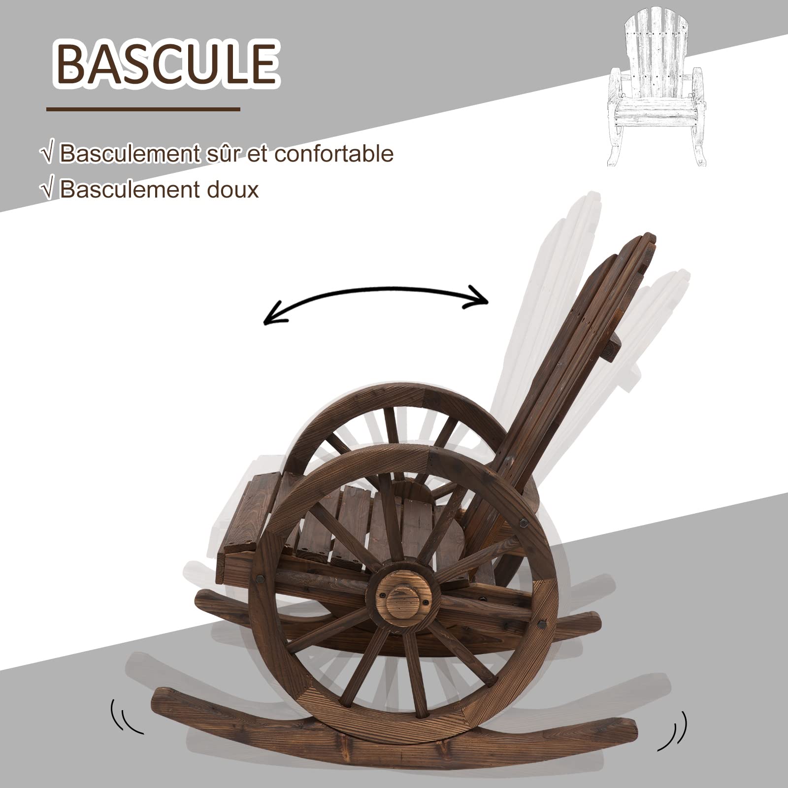 Outsunny Fauteuil de Jardin Adirondack à Bascule Rocking Chair Style Rustique Chic accoudoirs Roues Charette Bois Sapin traité carbonisation