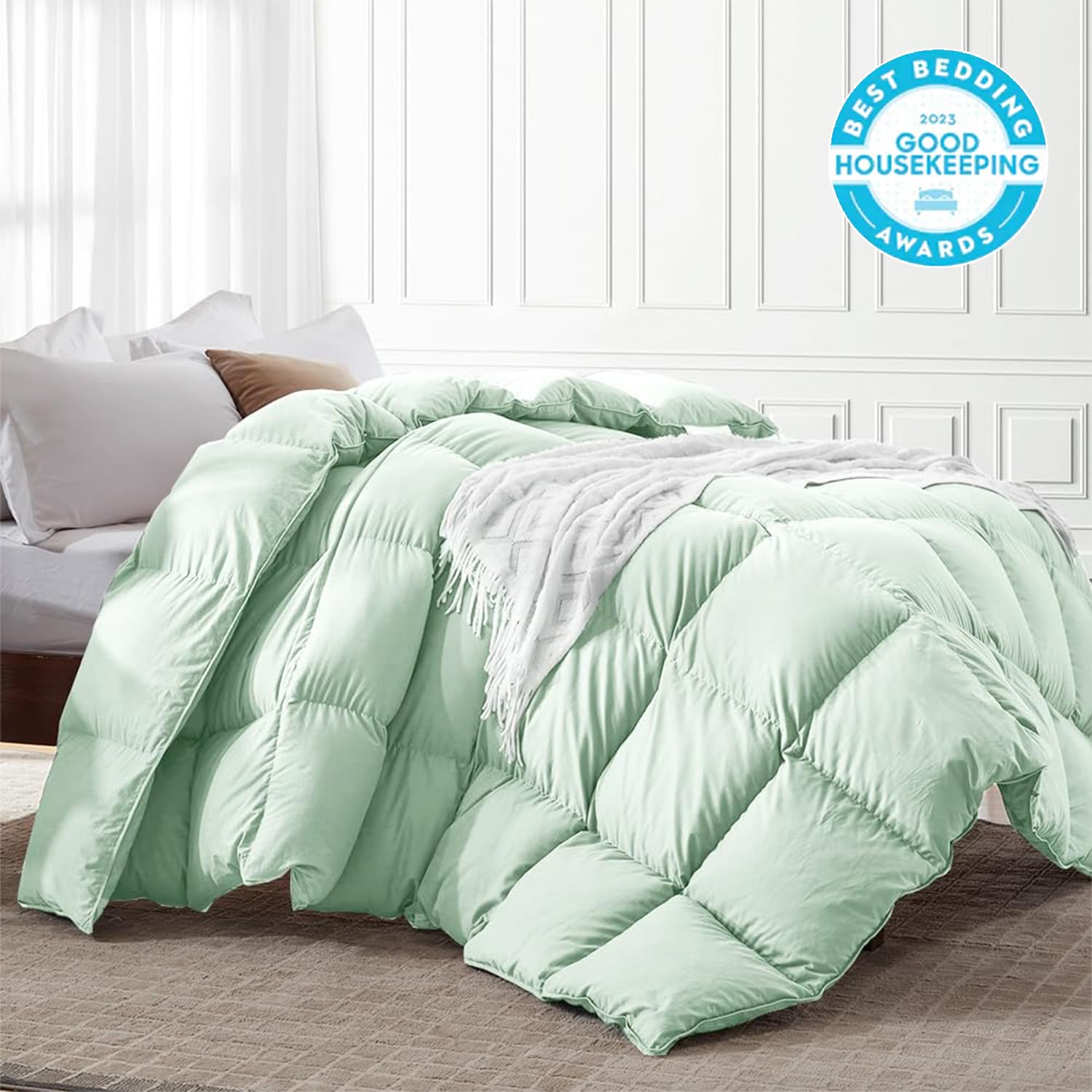 Kapok Down Comforter Queen Size, Recycled White Down and Kapok Blended Filling Winter Duvet for Difficulty Falling Asleep & Sleeping Lightly & Afraid of Cold Sleepers (90x90'', Creamy Green)
