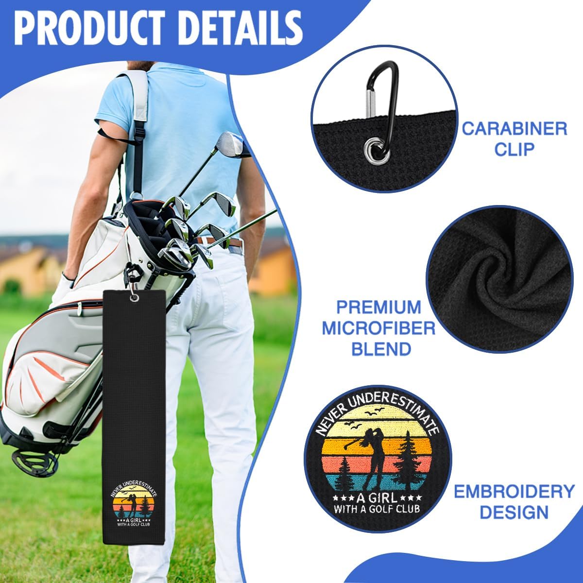 Hafhue Never Underestimate A Girl with A Golf Club Embroidered Golf Towel, Women's Golf Accessory, Birthday Gifts for Women Golfer Fan, Absorbent Microfiber Towel for Bags, Funny Golfs Gifts for Wife - Image 3