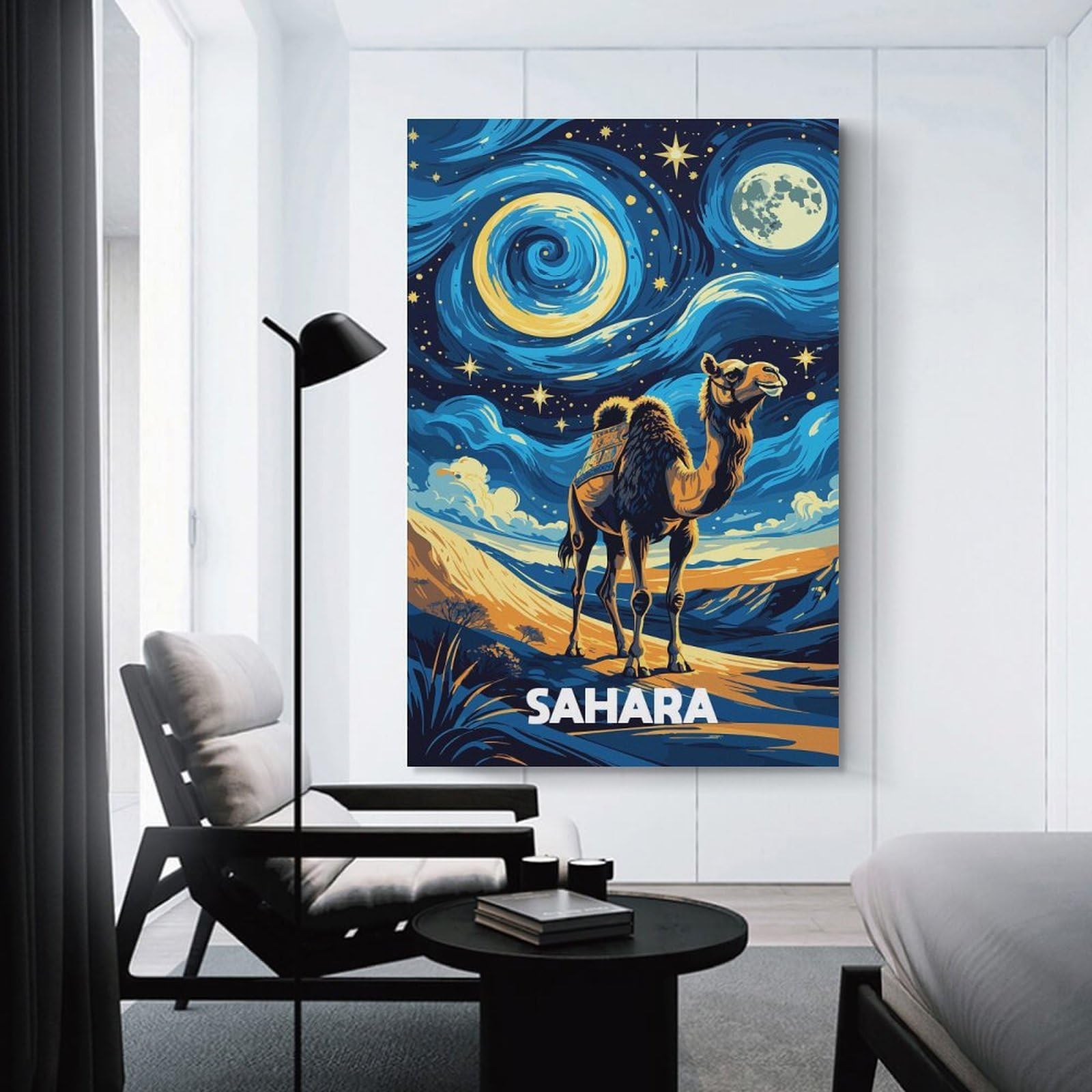 Junmoney Sahara Desert Camel Night Art Hanging Wall Art, 24x36inch(60x90cm), for Bedroom, Guest Room Or Reading Nook, Home Artwork with A Soft Interior Feel