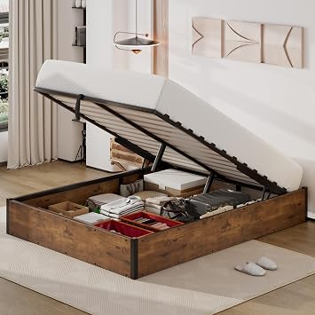 YUMPIE Queen Size Lift-Up Storage Platform Bed Frame, Metal Bed Frame with Wooden Slats Support, Spacious Underneath Storage, No Box Spring Required, Noise-Free, Rustic Brown