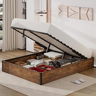 Lift Up Storage Bed Frame, Full Size Wooden Platform Bed with Large Storage Underneath, No Box Spring Needed, Noise Free, Rustic Brown