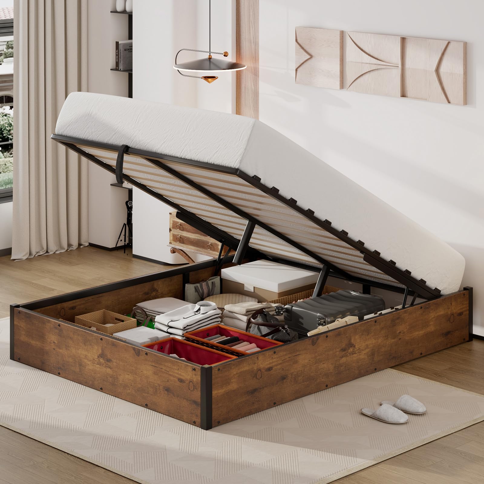 YUMPIE Lift Up Storage Bed Frame, Full Size Wooden Platform Bed with Large Storage Underneath, No Box Spring Needed, Noise Free, Rustic Brown