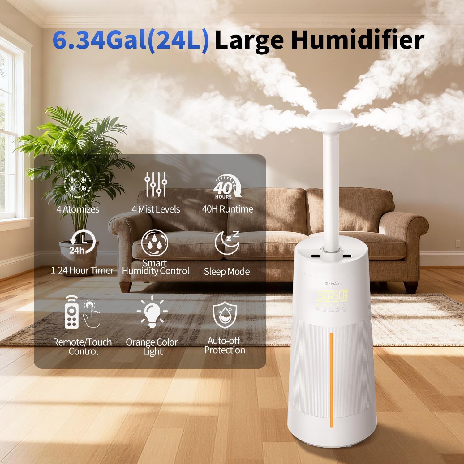 Humidifier Large Room - GloryAir 6.3Gal/24L 4X Atomizers Top Fill Whole House Large Cool Mist Quite Humidifiers 1500mL/h for Home Bedroom 3000 ft² with Auto Mode for Commercial Office Plants