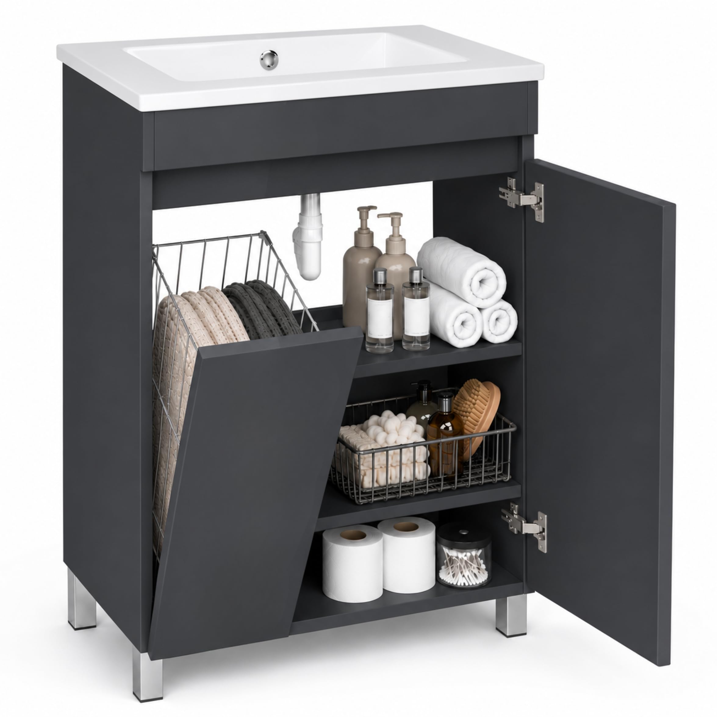 Waschbecken mit Unterschrank Ribera, Hängend oder Stehend, Waschtisch mit Unterschrank für Badezimmer, Wäschekorb, Wäscheschrank, Zusatzböden, 2 Soft-Close-Türen (Anthrazit, 60 cm)