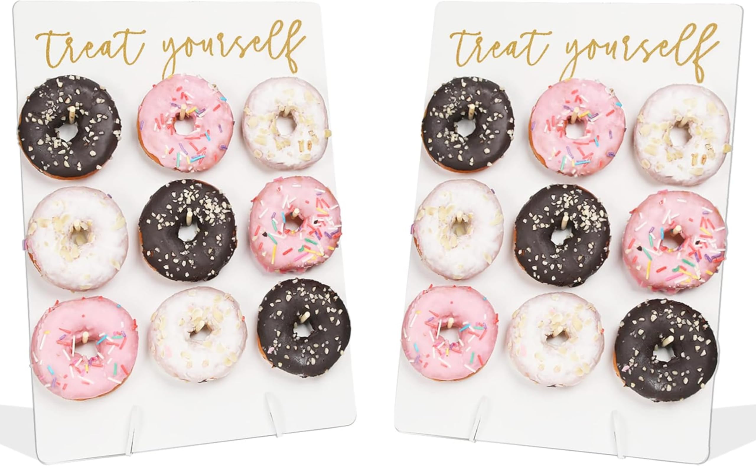 Donut Wall Display Stand Reusable Donut Holder Board Rustic Wood Doughnut Food Buffet Display for Wedding, Baby Shower, Bridal Shower, Birthday Party Treat Yourself Fits 9 Donuts (White Square 2 Pack)