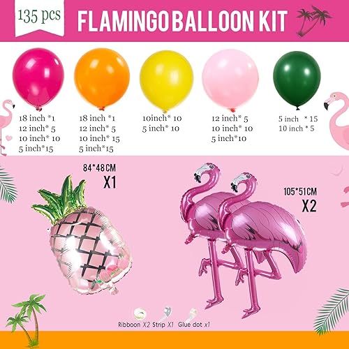 Miniatura 8 de Kit de arco de guirnalda de globos de flamenco rosa intenso tropical y naranja, 130 piezas con piña para verano, playa, luau aloha, decoraciones de