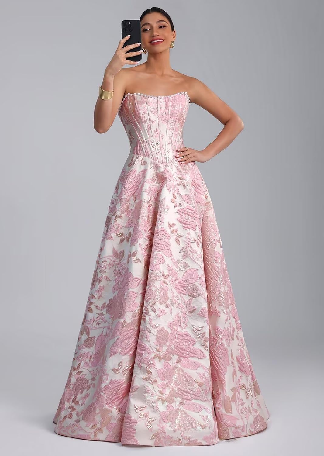Mollyevers Floral Jacquard Prom Dresses for Women 2026 Pearl Strapless Corset Long Formal Evening Gowns with Pockets