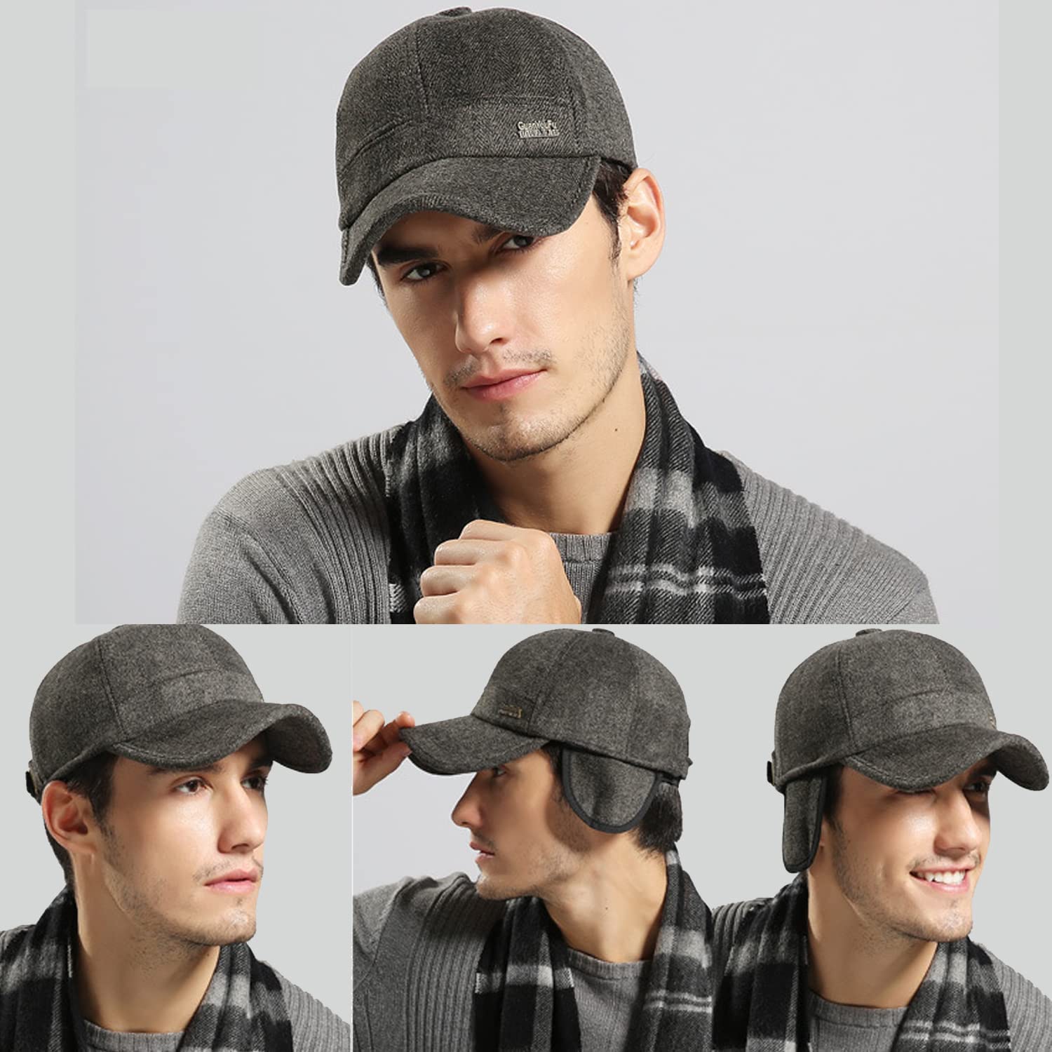 Berretto da baseball invernale con paraorecchie Cappello uomo in tweed di lana papà termico spesso e caldo
