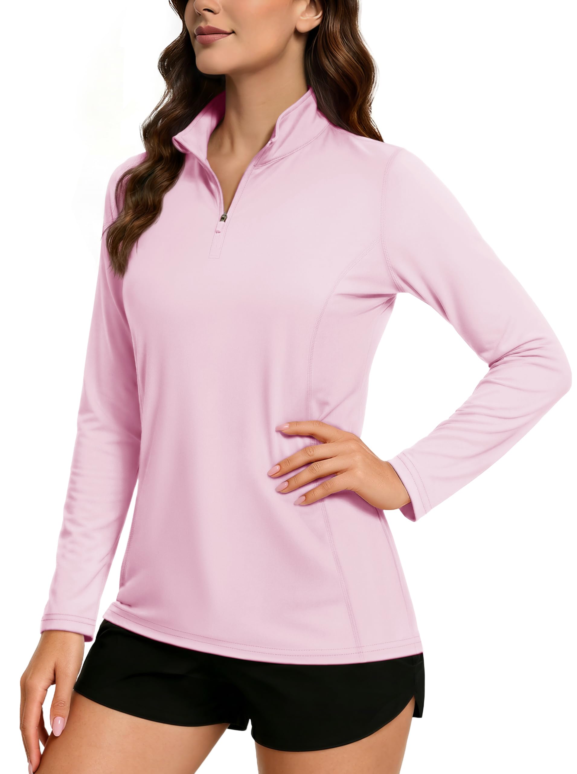 Women's UPF 50+ Shirts 1/4 Zip Long Sleeve Sun Protection Shirt Lightweight Pullover Quick Dry Shirts, Pink, Small-image-17