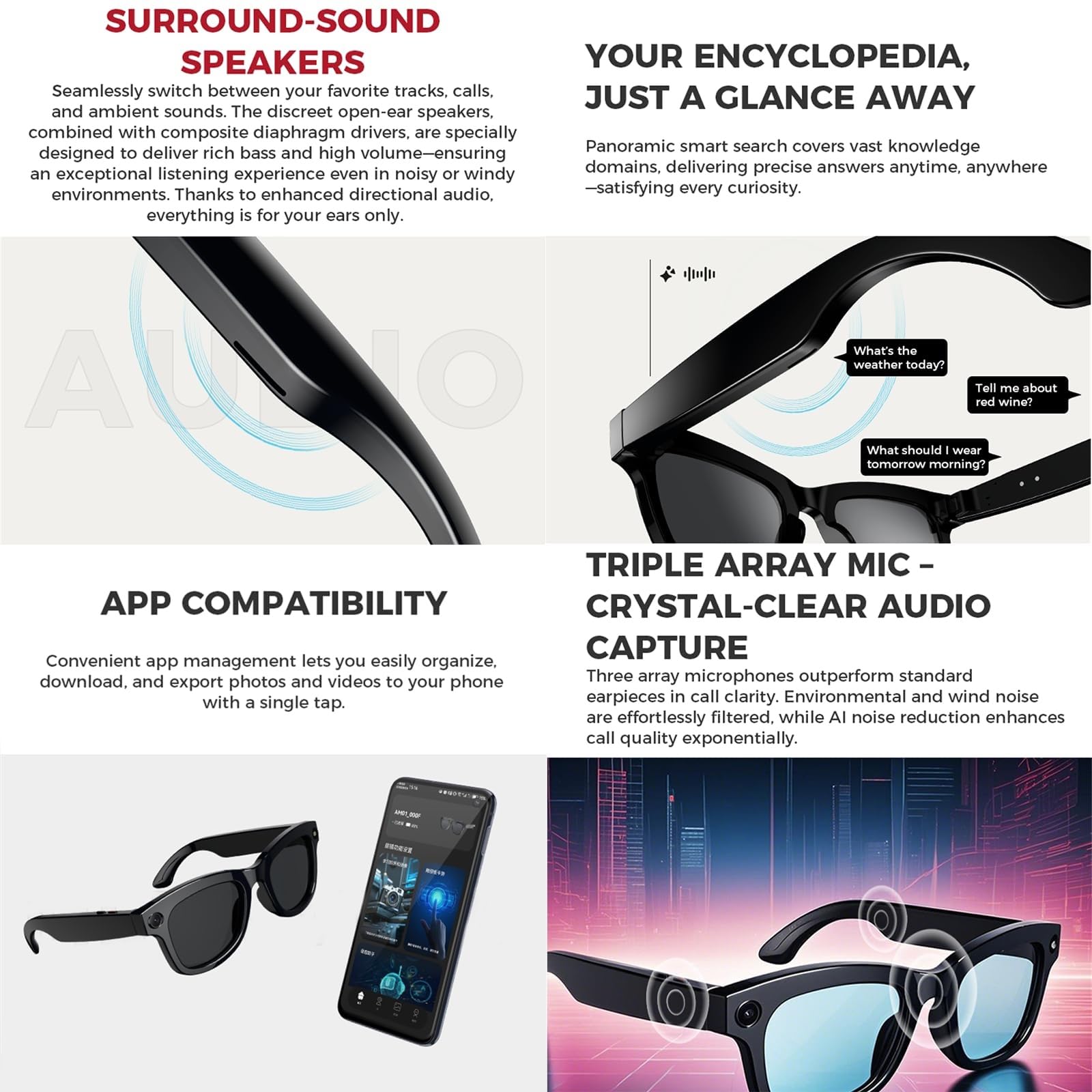 1080P HD Gafas Inteligentes Para Grabar Videos, Con Wi-Fi/Bluetooth 5.3, Cámara Ultra Gran Angular De 5MP Y Control De Voz Con IA, Gafas Portátiles Con Bloqueo De Luz Azul(Black+hyaline)