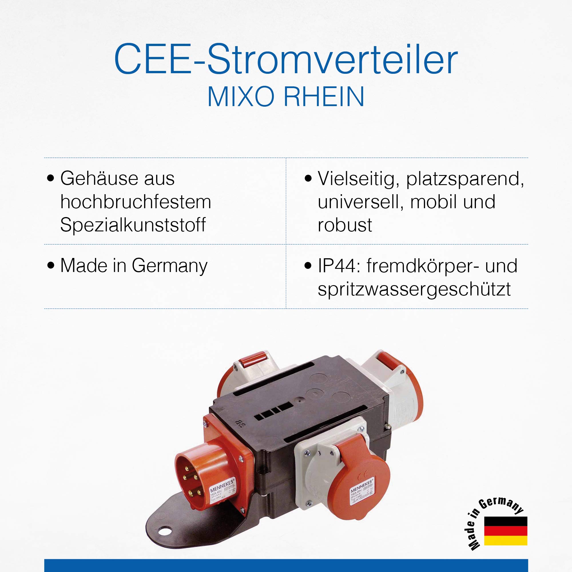 as - Schwabe MIXO Adaptador/Distribuidor de corriente RHEIN - Enchufe CEE de 5 polos a 3 tomas CEE de 5 polos - Robusto distribuidor de corriente para obras - IP44 I 60531
