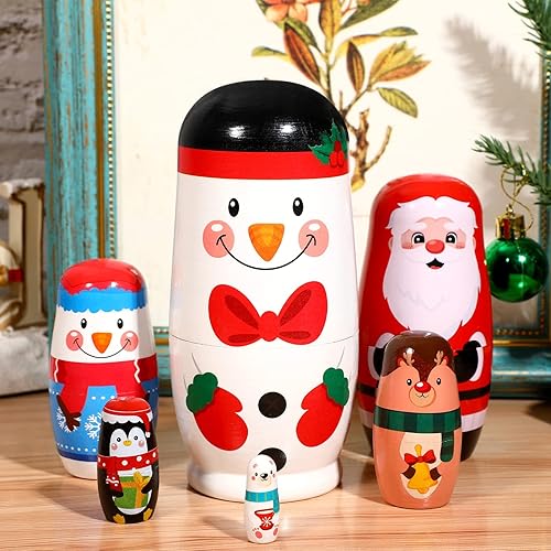 Miniatura 8 de MAGICLULU 6 muñecas rusas de anidación de muñeco de nieve de Navidad, lindo patrón de dibujos animados, muñeca de anidación para Navidad, Pascua,