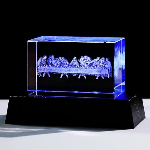 YWHL Figura de cristal 3D de la última cena de Jesucristo con base colorida grabada con láser, recuerdo de Jesús, regalos religiosos de Navidad para
