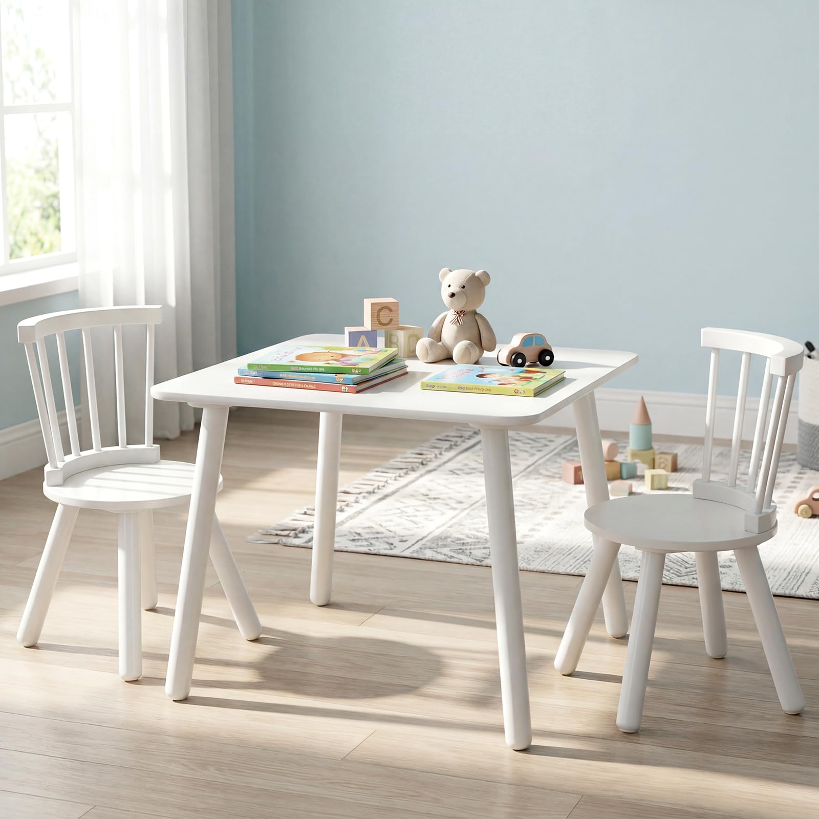 COSTWAY Set Tavolo e 2 Sedie per Bambini, Tavolo Attività con Schienali a Spindola Curvi, Sedute Rotonde e Gambe in Legno Massello, Tavolino per Bambini 3+ Anni per Disegno, Gioco e Studio (Bianco) - 2