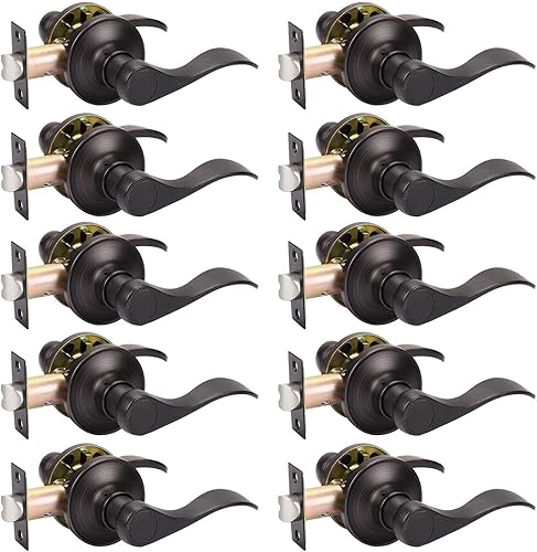 Miniatura 8 de KNOBWELL Paquete de 10 manijas interiores de bronce para puertas de privacidad, para bañodormitorio, palancas de puerta sin llave para izquierda o
