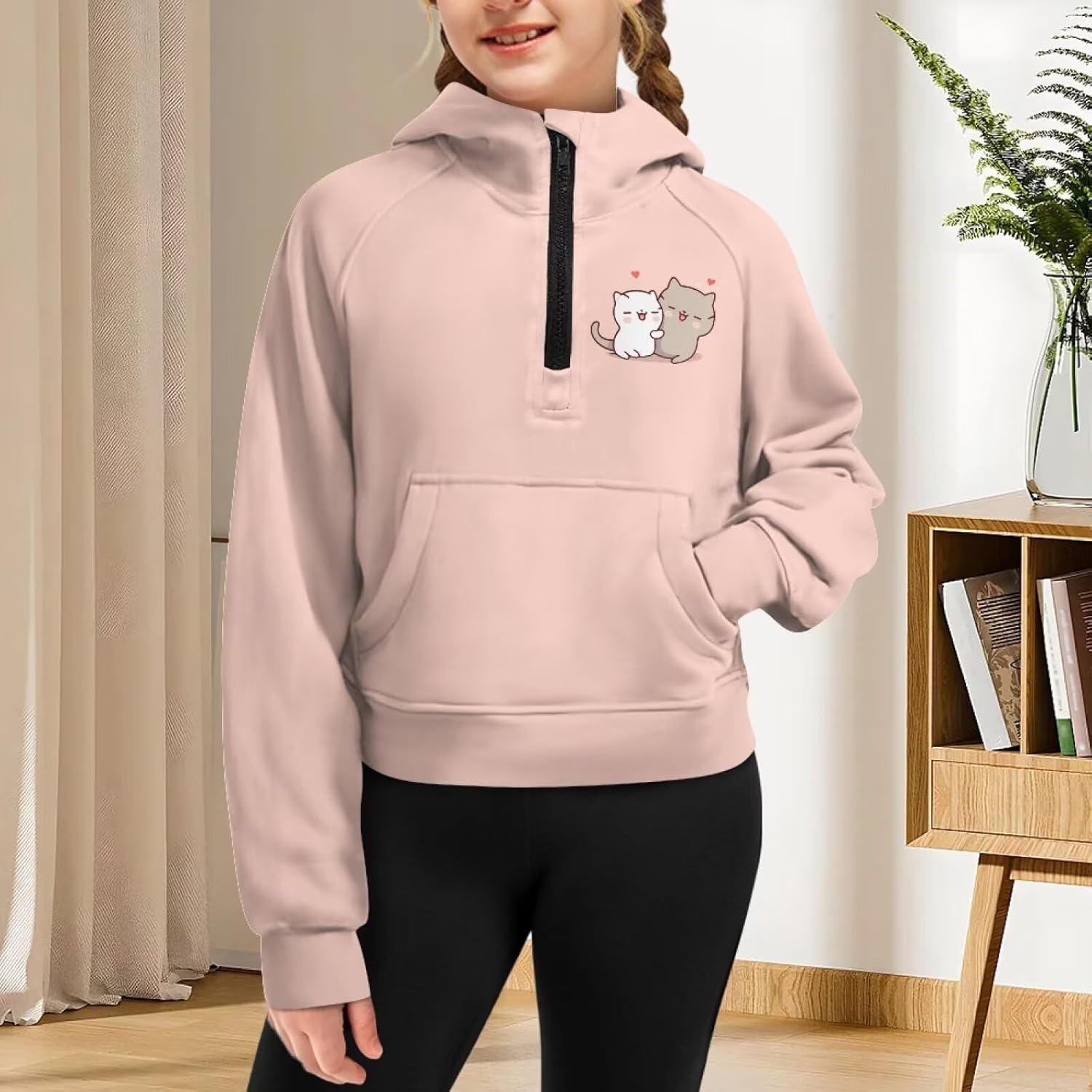 Breathable Girls Hoodie for Sports Stretchy Half Zip Raglan Cropped Sweatshirt with Front Pocket Ages 5-14