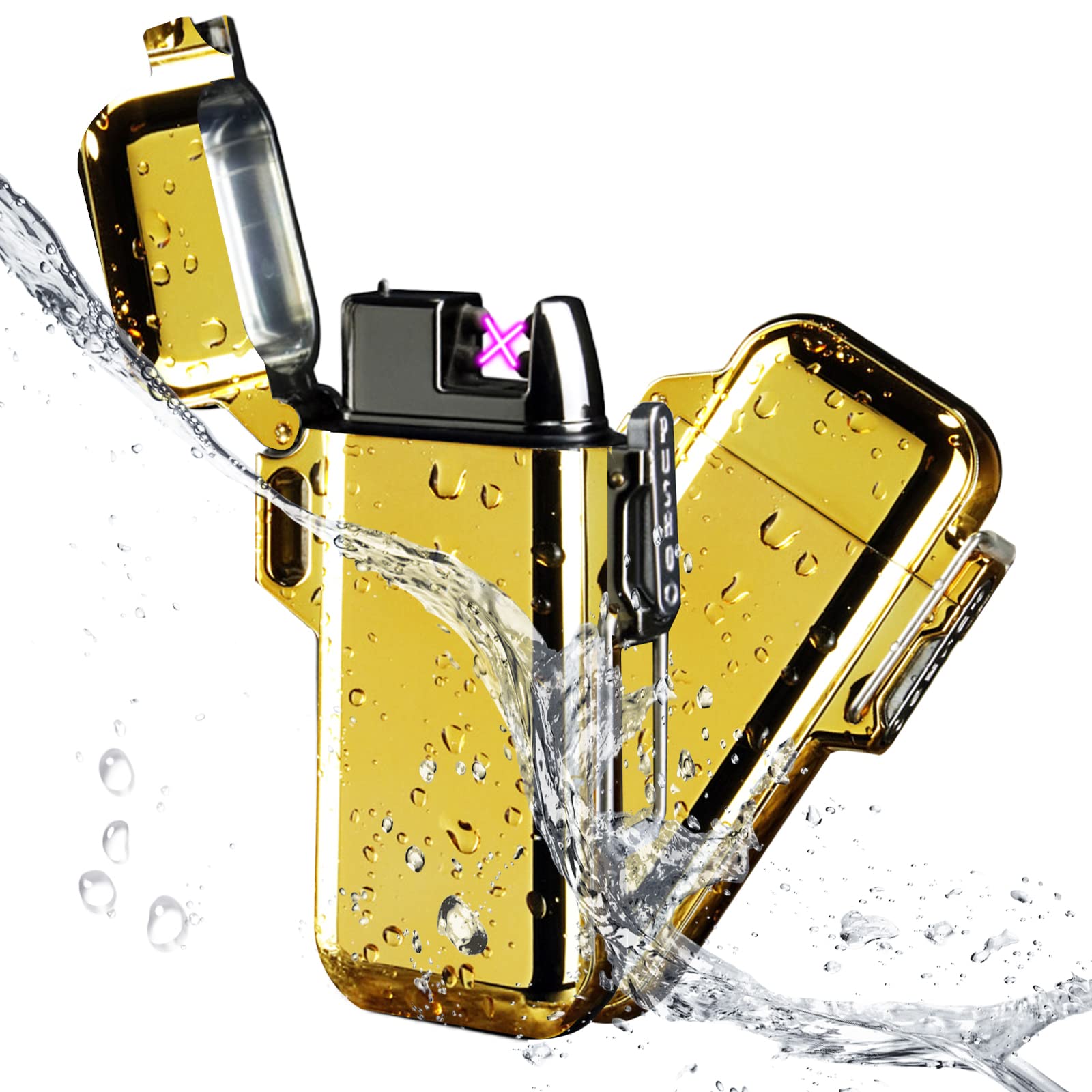 Waterproof Lighter, Dual Arc Electronic Lighter, Electric Lighter with LED Battery Indicator, USB Rechargeable Lighter Flameless Plasma Lighter for Fire,Camping,Adventure-Outdoors Indoors(Pure Gold)