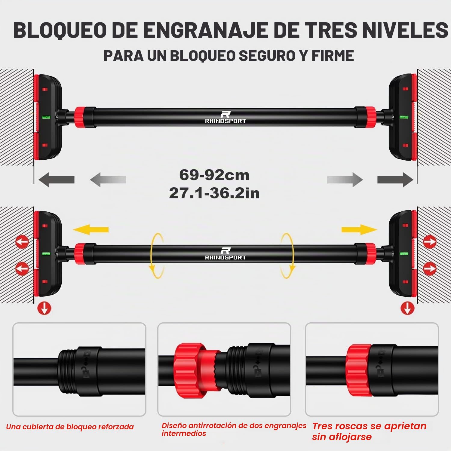RHINOSPORT Barra de dominadas brazo y entrenador abdominal, acero estable, barra de puerta para dominadas, bastón de puerta para puertas de 69 a 92 cm (27,1 en 36,2 pulgadas), NO SCREW