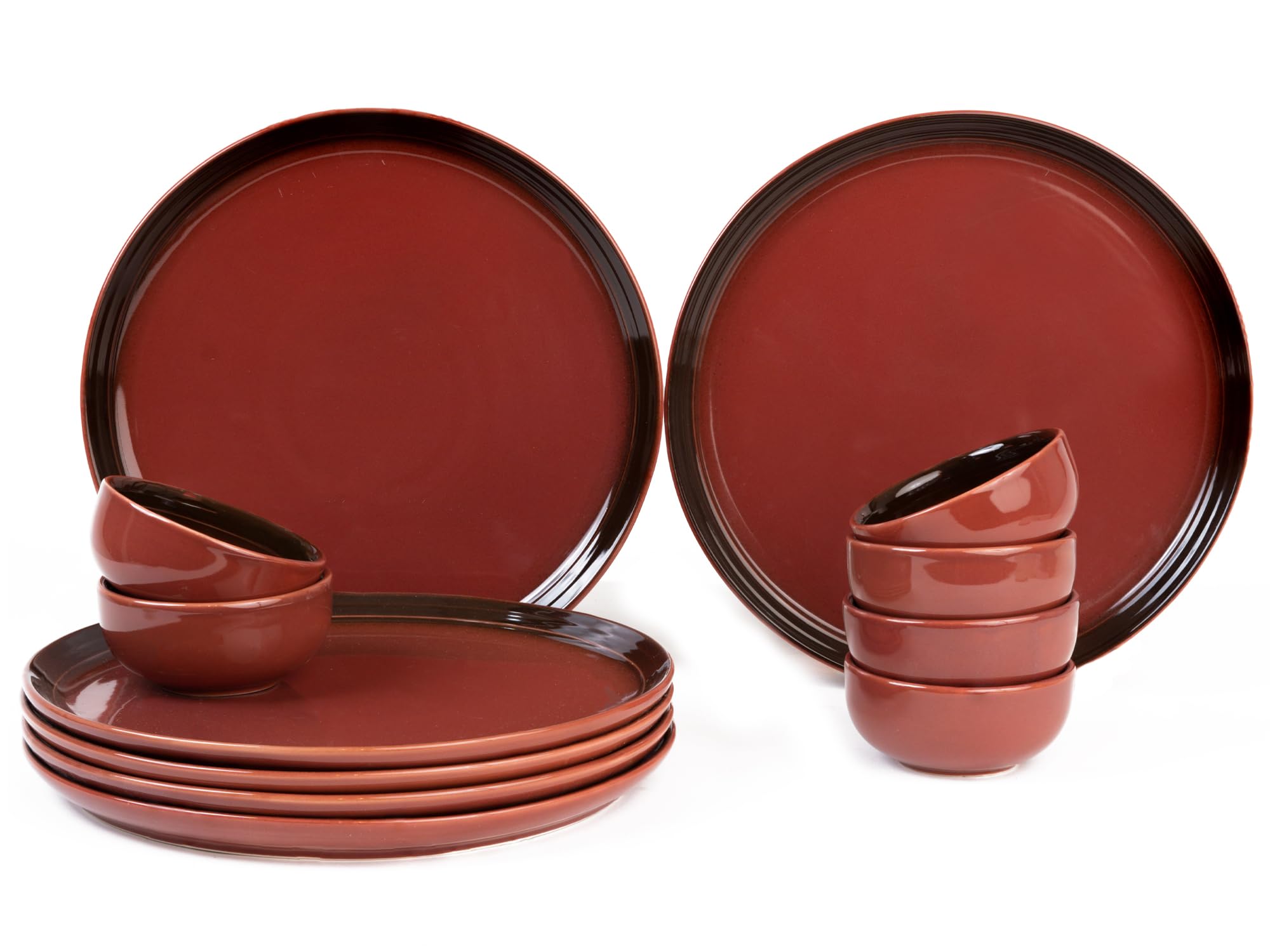 Bodhi House Handcrafted Chip Resistant Porcelain Solid Dinner Set, 12 Pieces Dish Set Serving for 6, Microwave and Dishwasher Safe, Bone-Ash Free, Crockery Set for Dining and Gifting, Deep Red