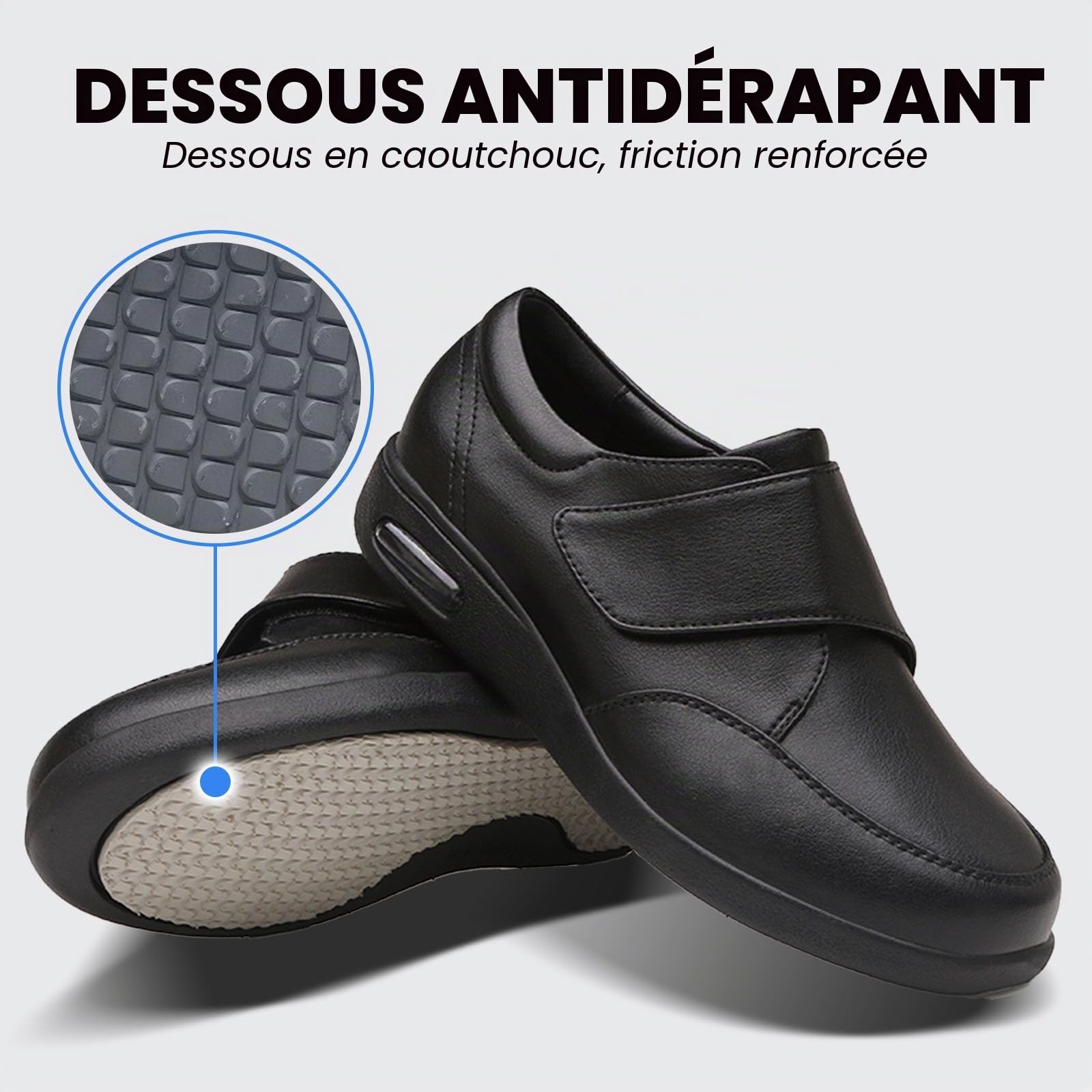 Chaussures Cuir,Hommes Chaussures Marche Diabète,Arthrite œdèmes Pieds Gonflés Chaussures Ajustables pour Personnes Âgées Chaussures de Bandage Pantoufles,Noir,42EU