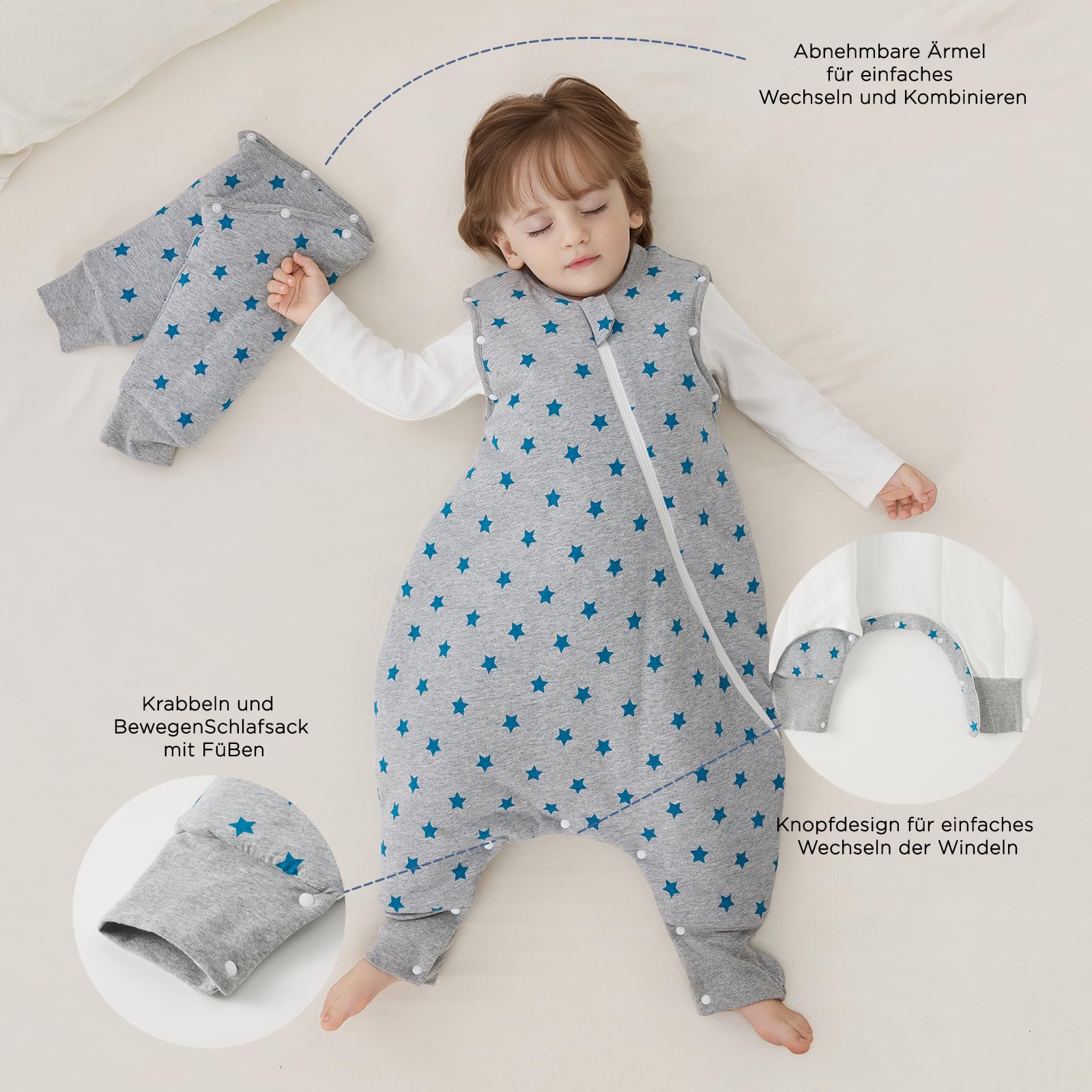 Duomiaomiao Saco de dormir para bebé de 2,5 tog, 100 % algodón, con piernas, cálido saco de dormir para bebé con pies de 2 a 3 años, estrella
