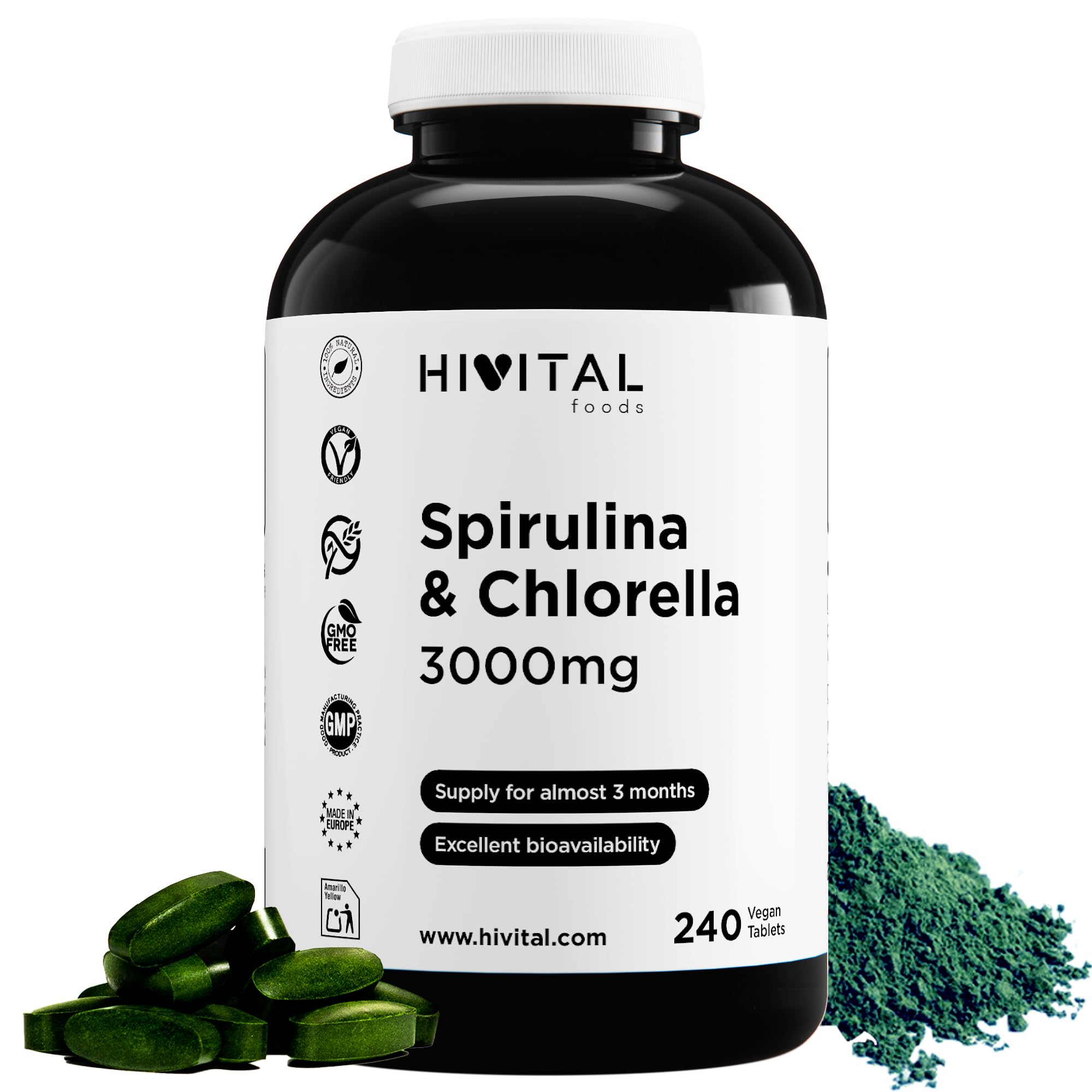 Spiruline et Chlorella 3000 mg. 240 comprimés végétaliens depuis près de 3 mois de traitement. Protéines naturelles issues des algues Spiruline et Chlorella. Fabriqué en Europe par HIVITAL