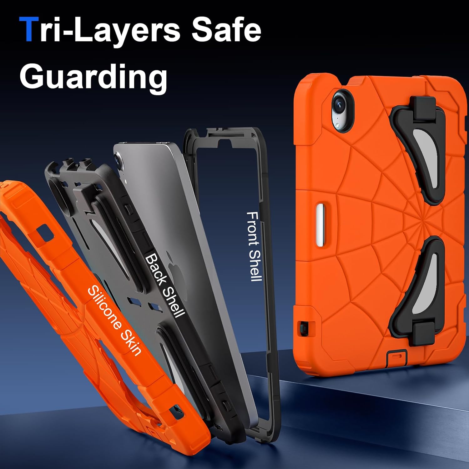 Kids Case for iPad mini 7 A17 Pro 2024/ Mini 6 8.3 inch, Spider Case for iPad mini 7th 6th Generation, Shockproof Durable Full Protective Cover with Pencil Holder, Kickstand (Orange+Black)