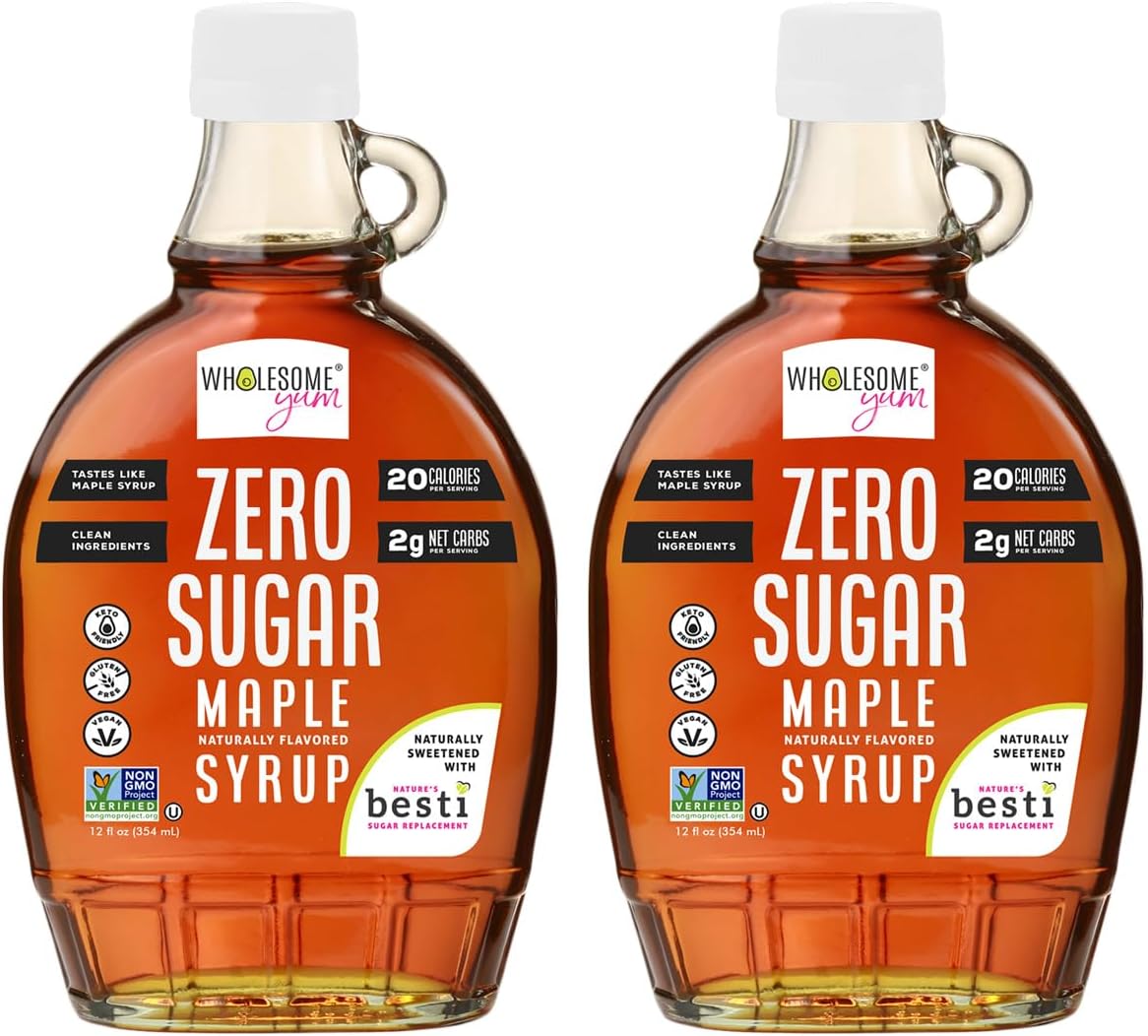Wholesome Yum Zero Sugar Maple Syrup (Keto Maple Syrup) With Monk Fruit & Allulose - Natural Sugar Free Pancake Syrup - Non GMO, Low Carb, Gluten Free, Vegan, No Aftertaste (12 fl oz, 2 Pack)