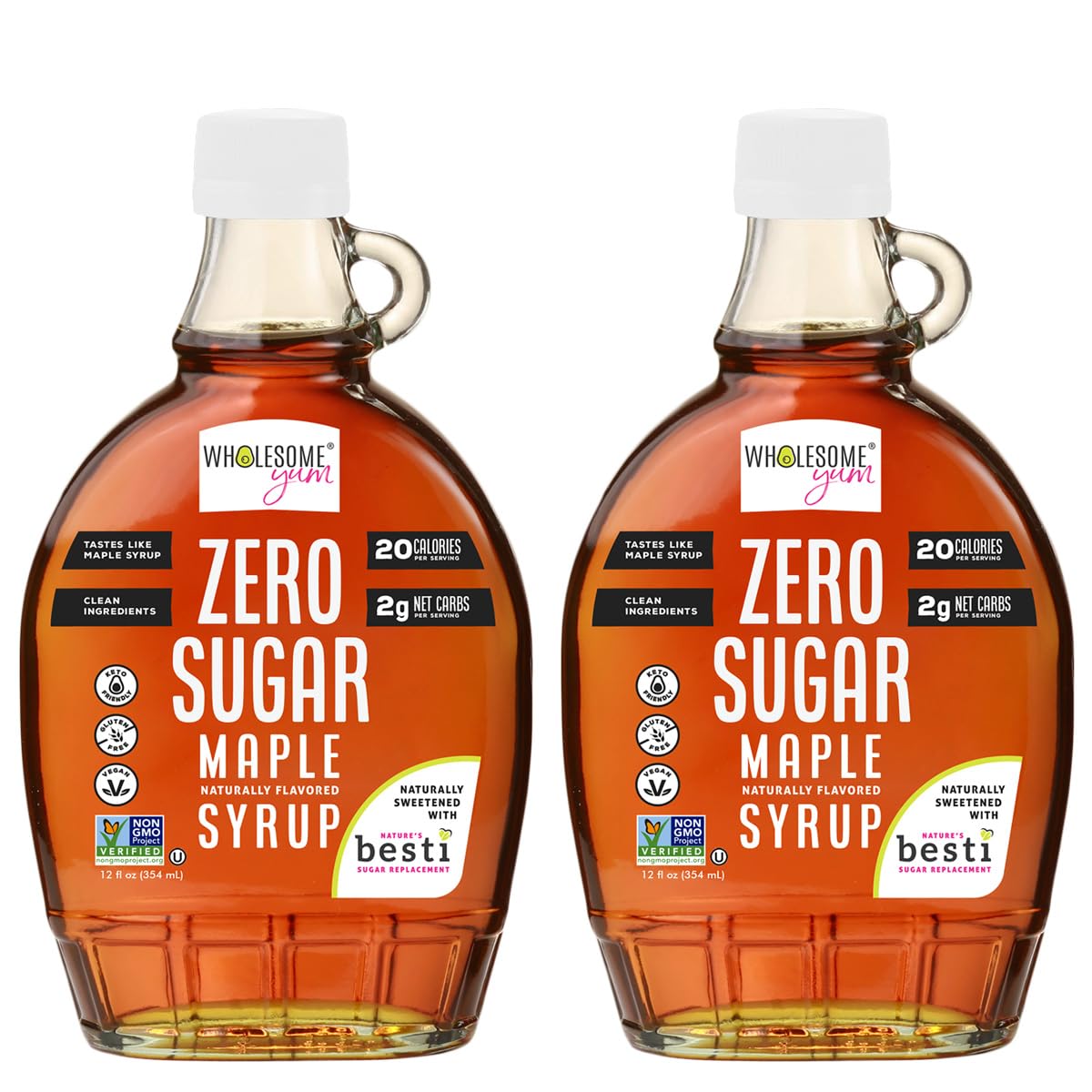 Wholesome Yum Zero Sugar Maple Syrup (Keto Maple Syrup) With Monk Fruit & Allulose - Natural Sugar Free Pancake Syrup - Non GMO, Low Carb, Gluten Free, Vegan, No Aftertaste (12 fl oz, 2 Pack)