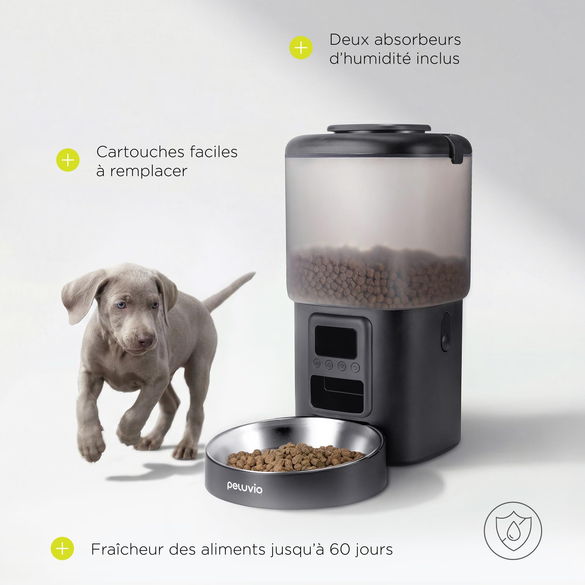 Crispy Distributeur Automatique de Nourriture pour Chien avec minuterie, jusqu'à 4 Repas, Alimentation de Secours avec Batterie, USB-C, écran LCD, gamelle en Acier Inoxydable, 4,5 L pour