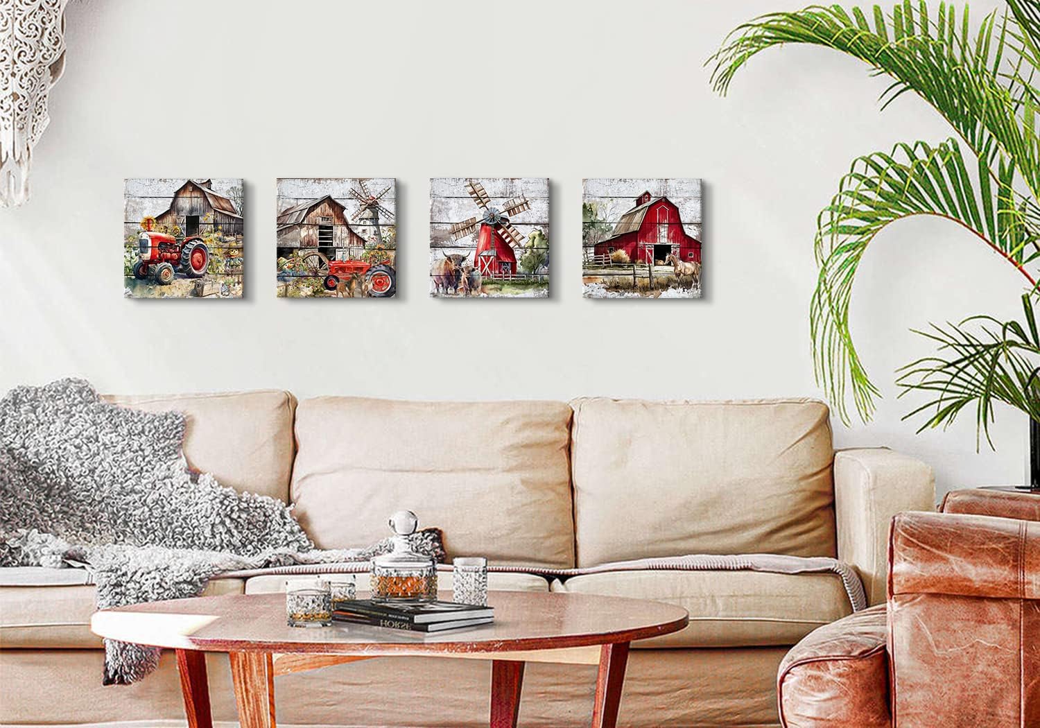 Country Red Barn Wall Art Farmhouse Kitchen Decor Rustic Old Barn Picture Wall Decor Vintage Windmill Tractor Canvas Prints Farm Animals Cow Paintings Artwork Living Room Home Decoration 12x12" 4Pcs