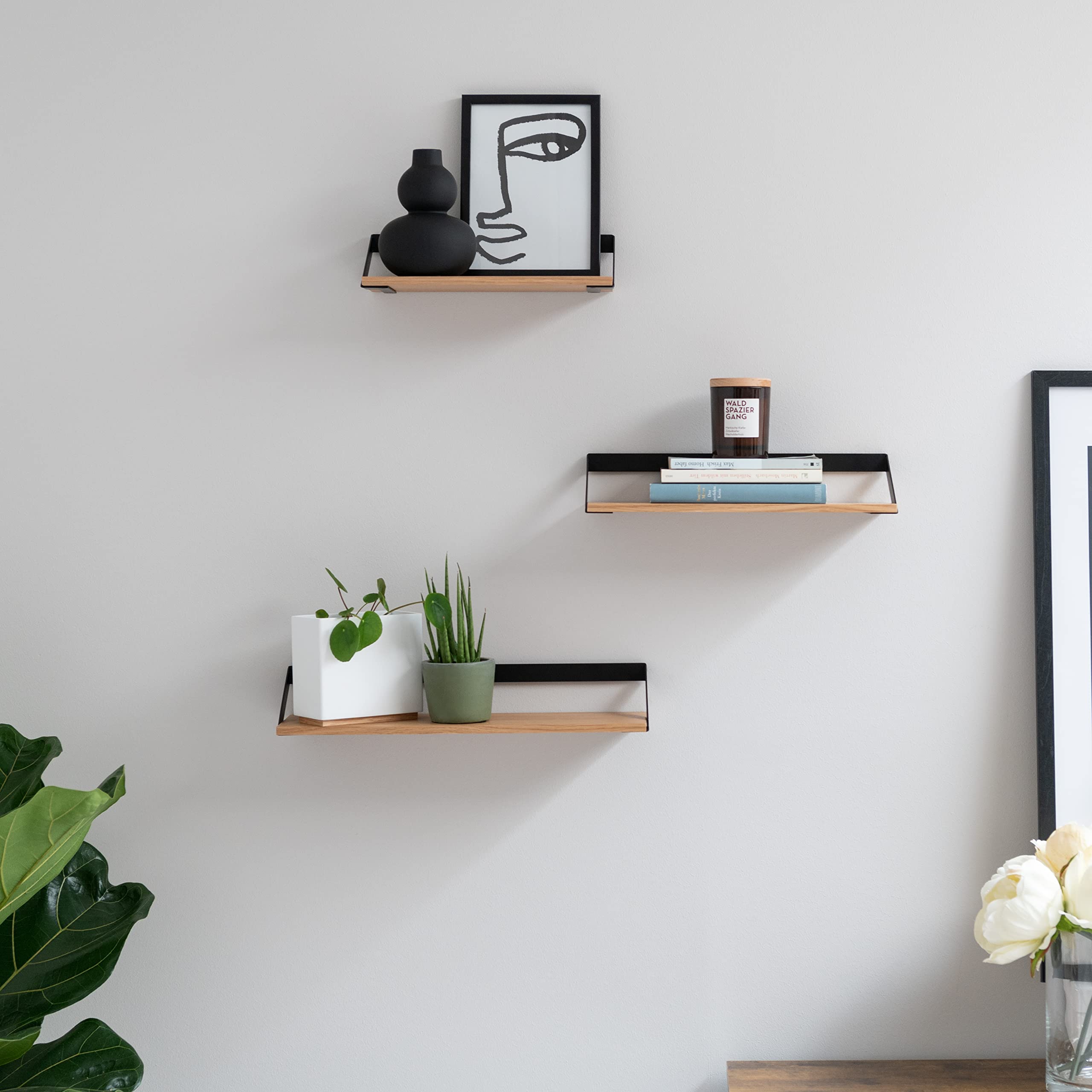 Kazai. Mensole -Finn- | Set Mensole Sospese in 3 Parti in Metallo e Impiallacciatura in Vero Legno | Decorazione da Parete, Contenitore e Mensola per Soggiorno, Cucina, Camera Letto | Quercia